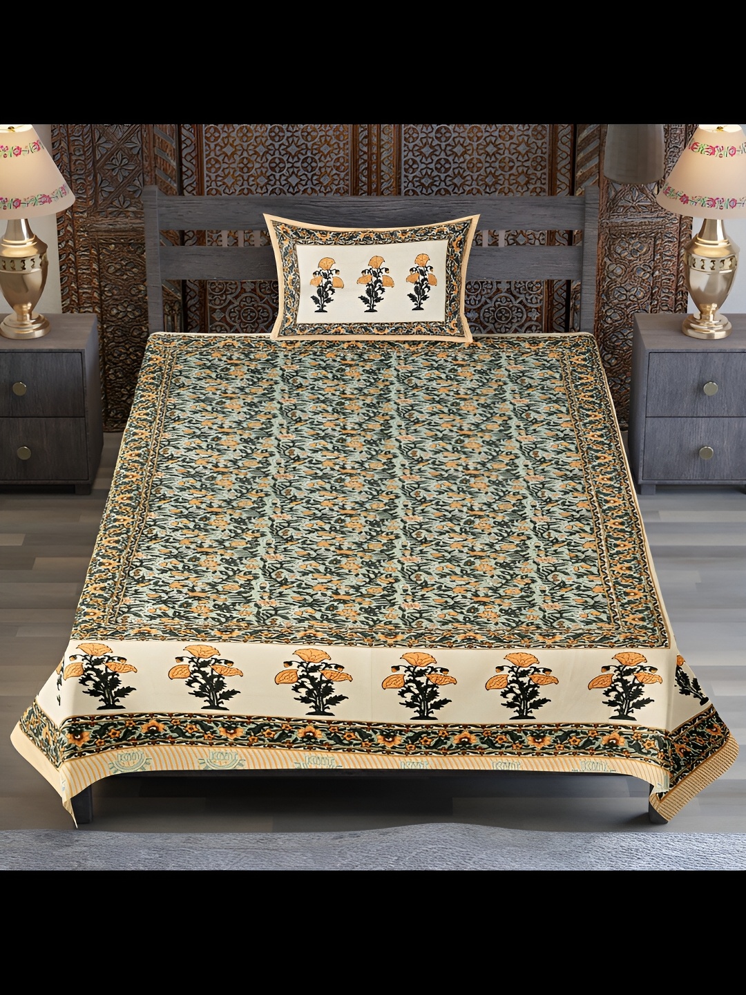 

UBANIA COLLECTION Beige & Green 120 TC Cotton Single Bedsheet with 1 Pillow Cover