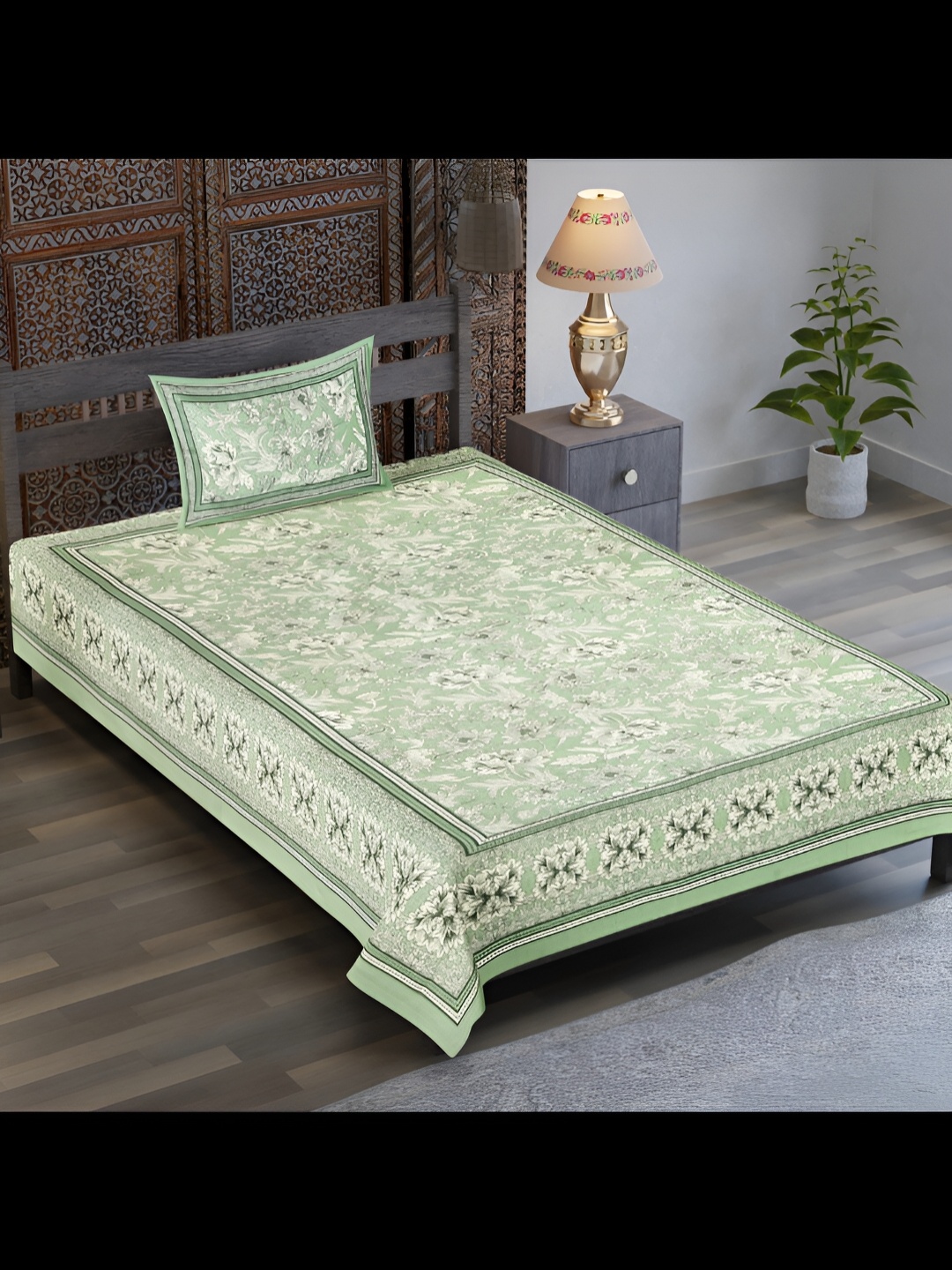 

UBANIA COLLECTION Green Floral Cotton 120 TC Single Bedsheet with 1 Pillow Covers