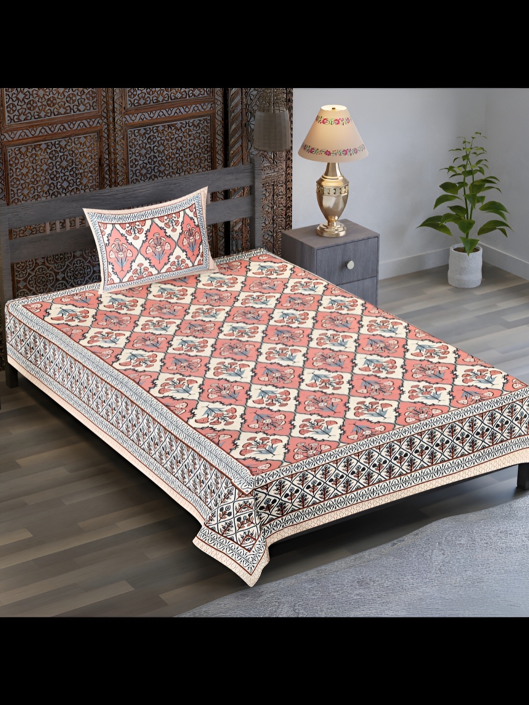 

UBANIA COLLECTION Peach ethnic Motifs Cotton 120 TC Single Bedsheet with 1 Pillow Covers