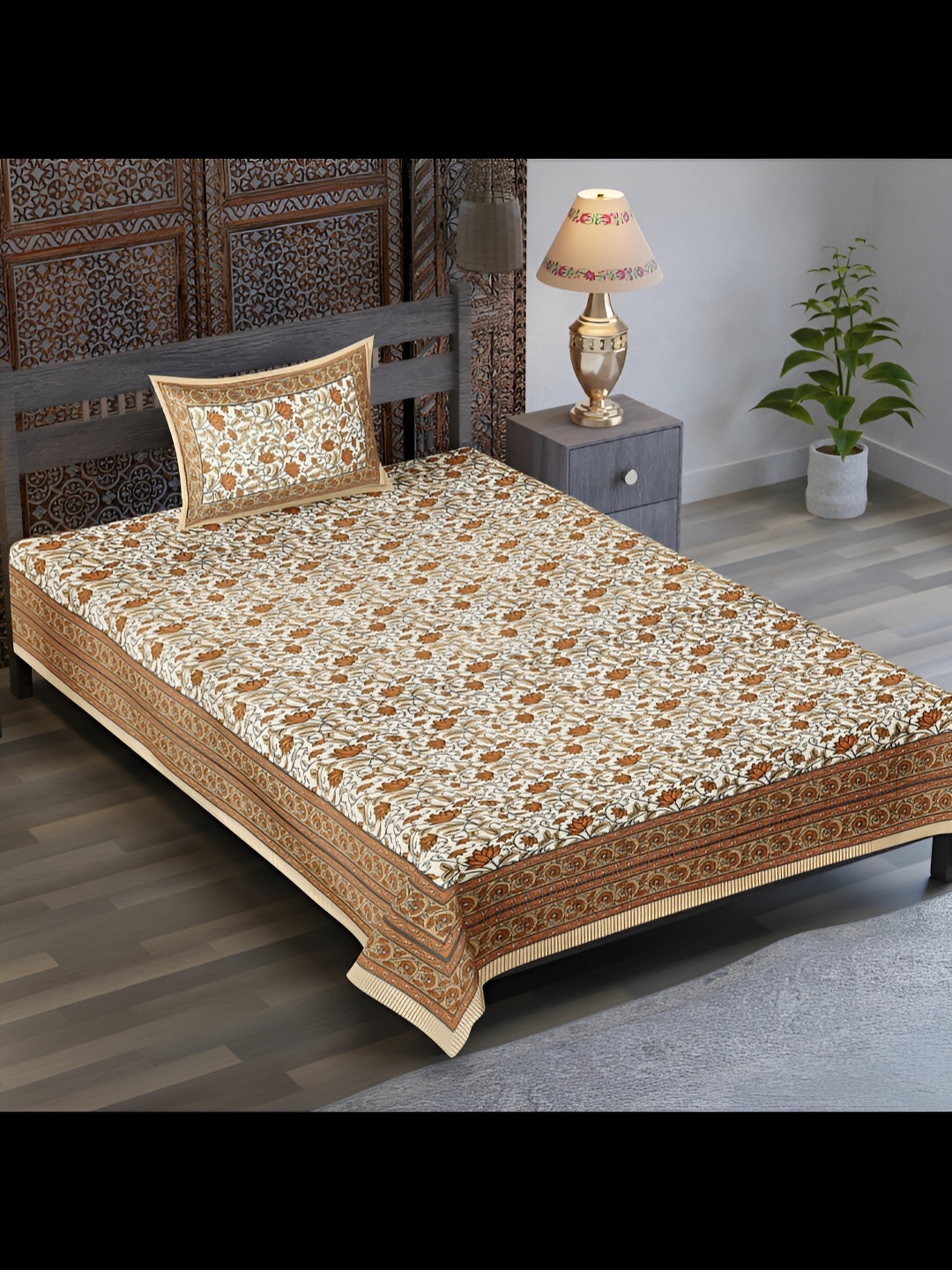 

UBANIA COLLECTION Brown & White Floral Cotton 120 TC Single Bedsheet with 1 Pillow Covers