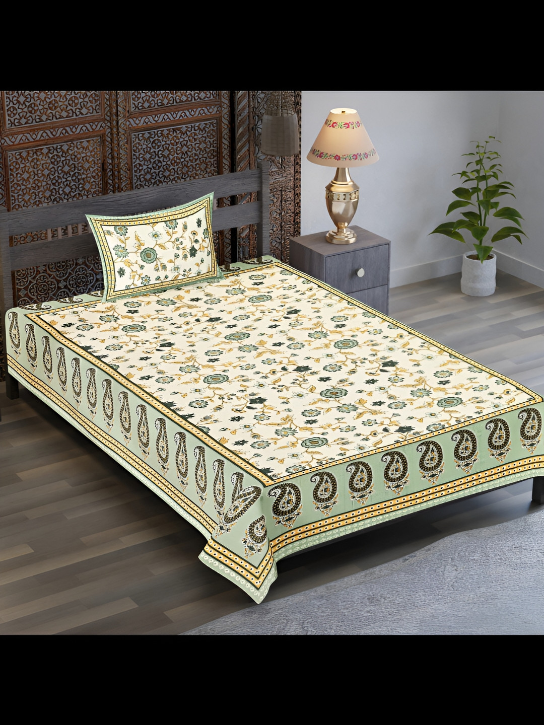 

UBANIA COLLECTION Green & Beige Floral Cotton 120 TC Single Bedsheet with 1 Pillow Covers