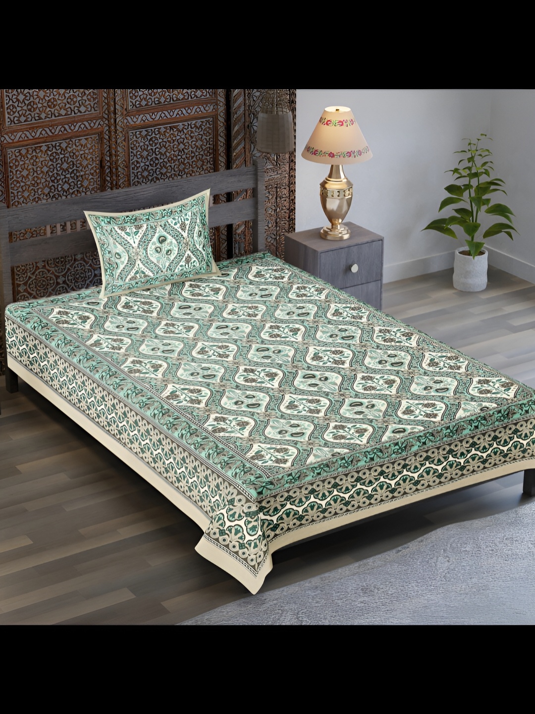 

UBANIA COLLECTION Green Ethnic Motifs Cotton 120 TC Single Bedsheet with 1 Pillow Covers