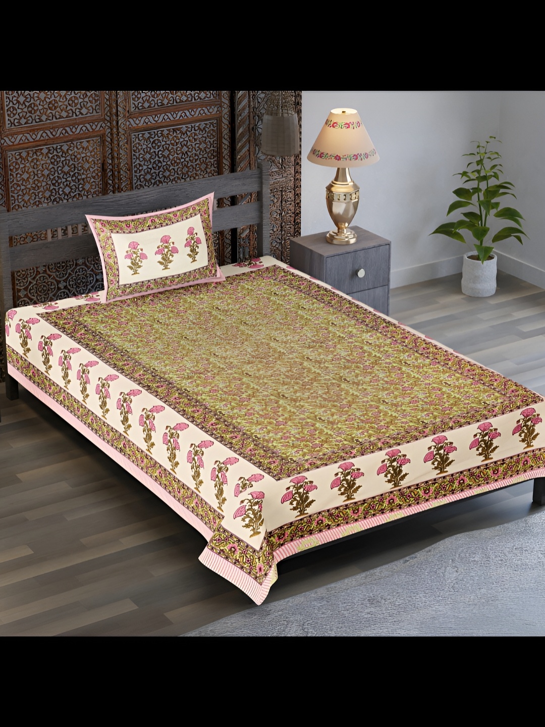 

UBANIA COLLECTION Beige & Green 120 TC Single Cotton Bedsheet with 1 Pillow Cover