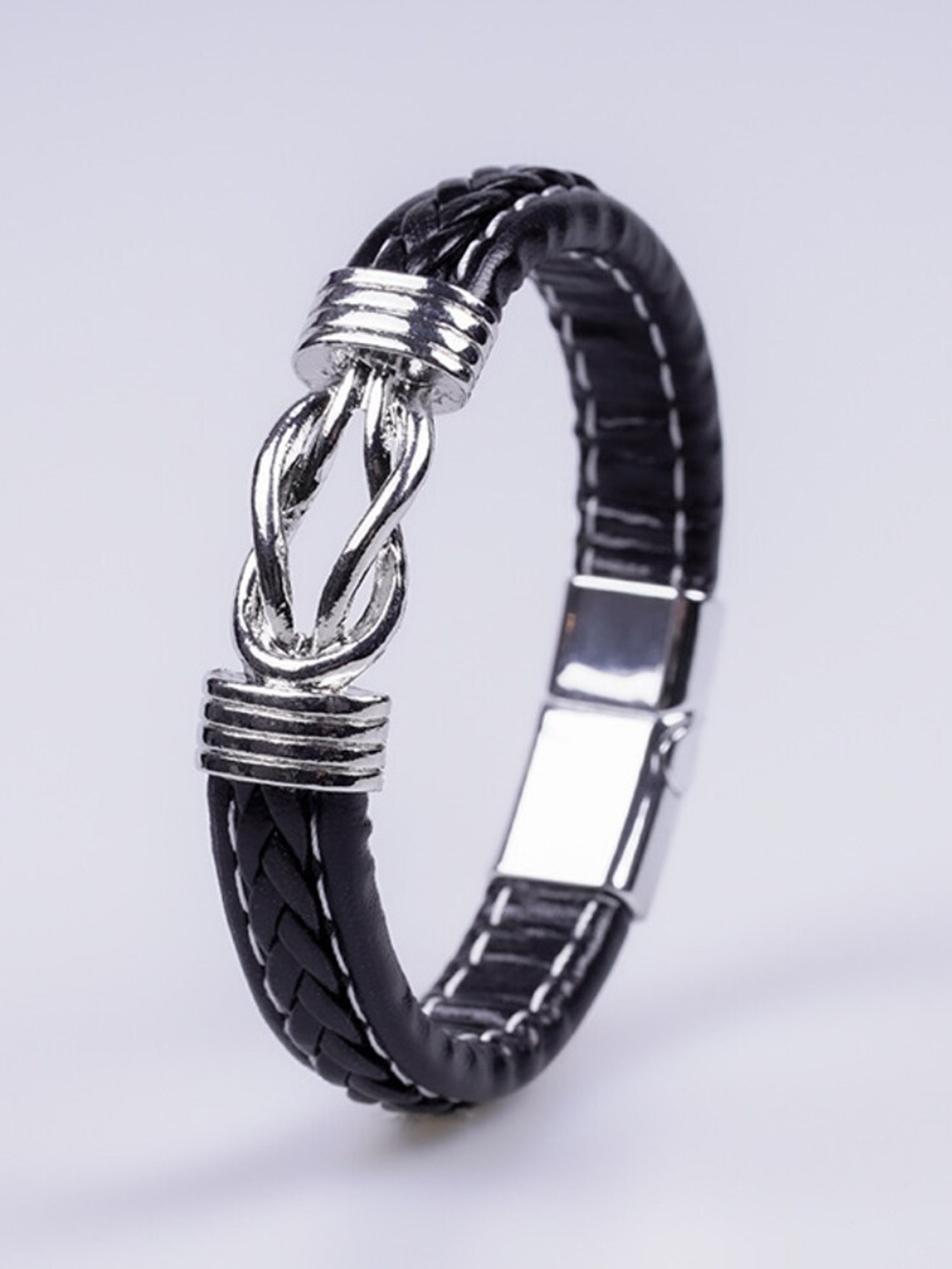 

SALTY Men Braided Leather Wraparound Bracelet, Silver
