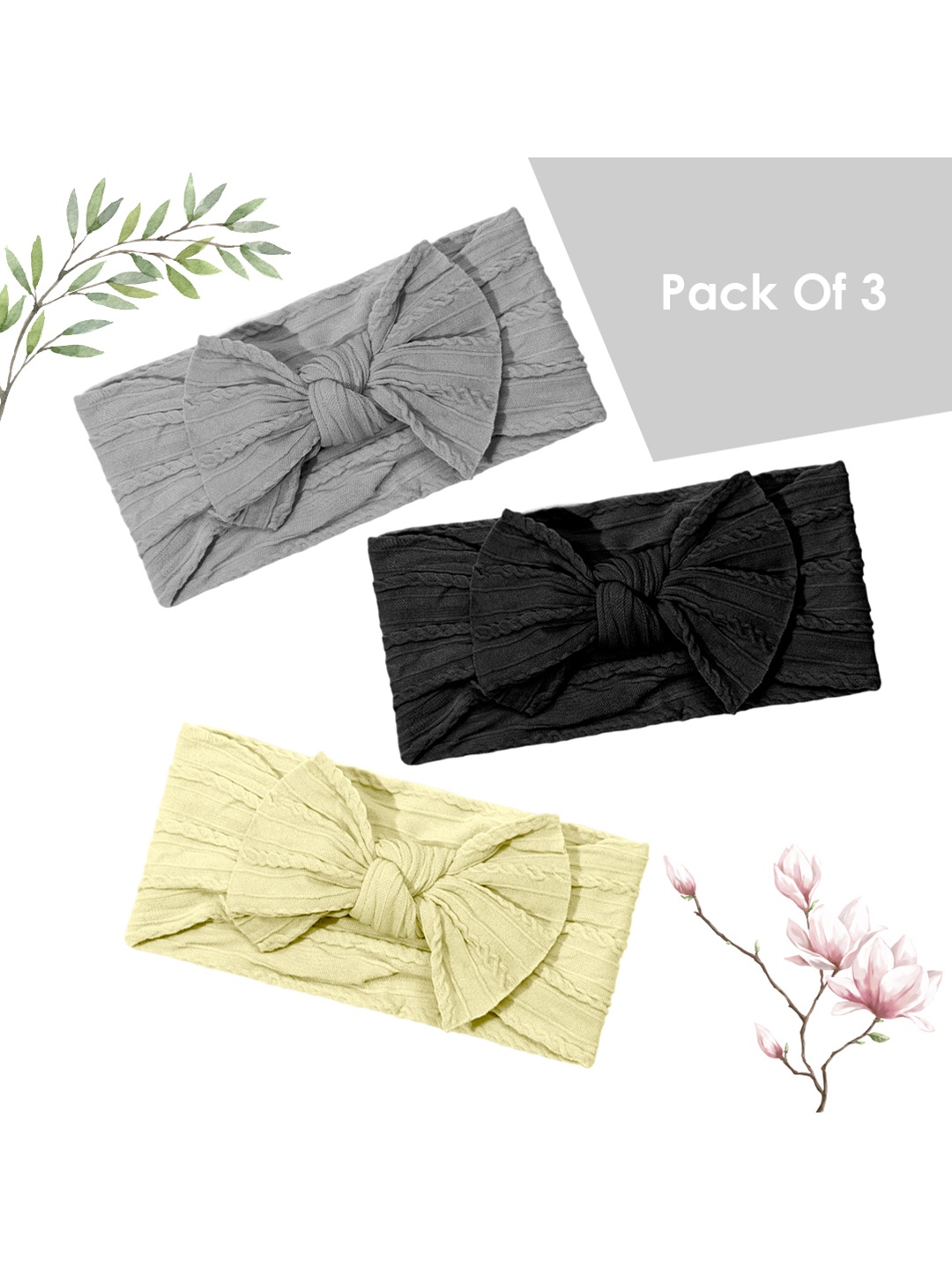 

SYGA Girls Pack Of 3 Self Design Bow Detail Headbands, Black