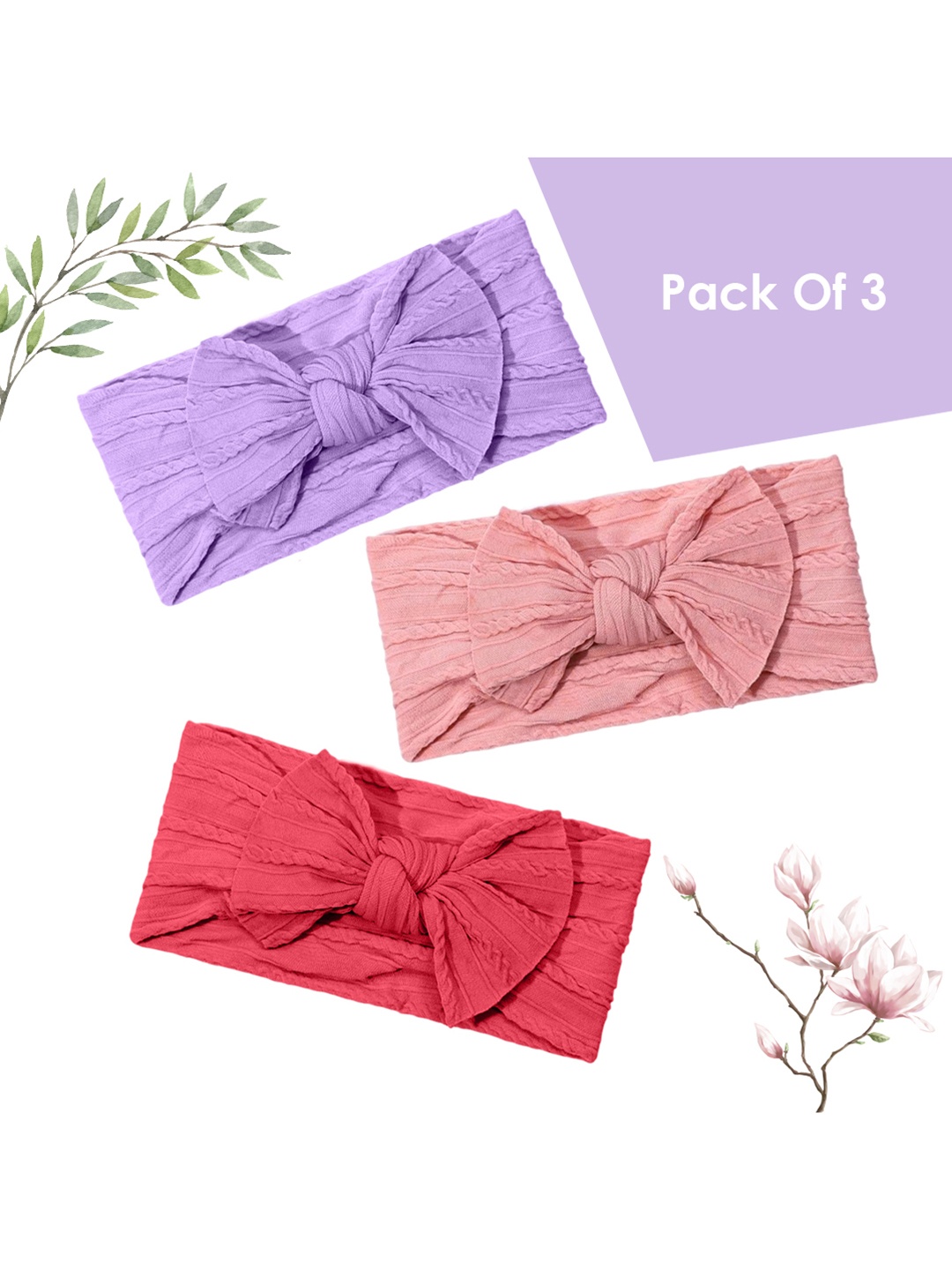 

SYGA Girls Pack Of 3 Self Design Bow Detail Headbands, Purple