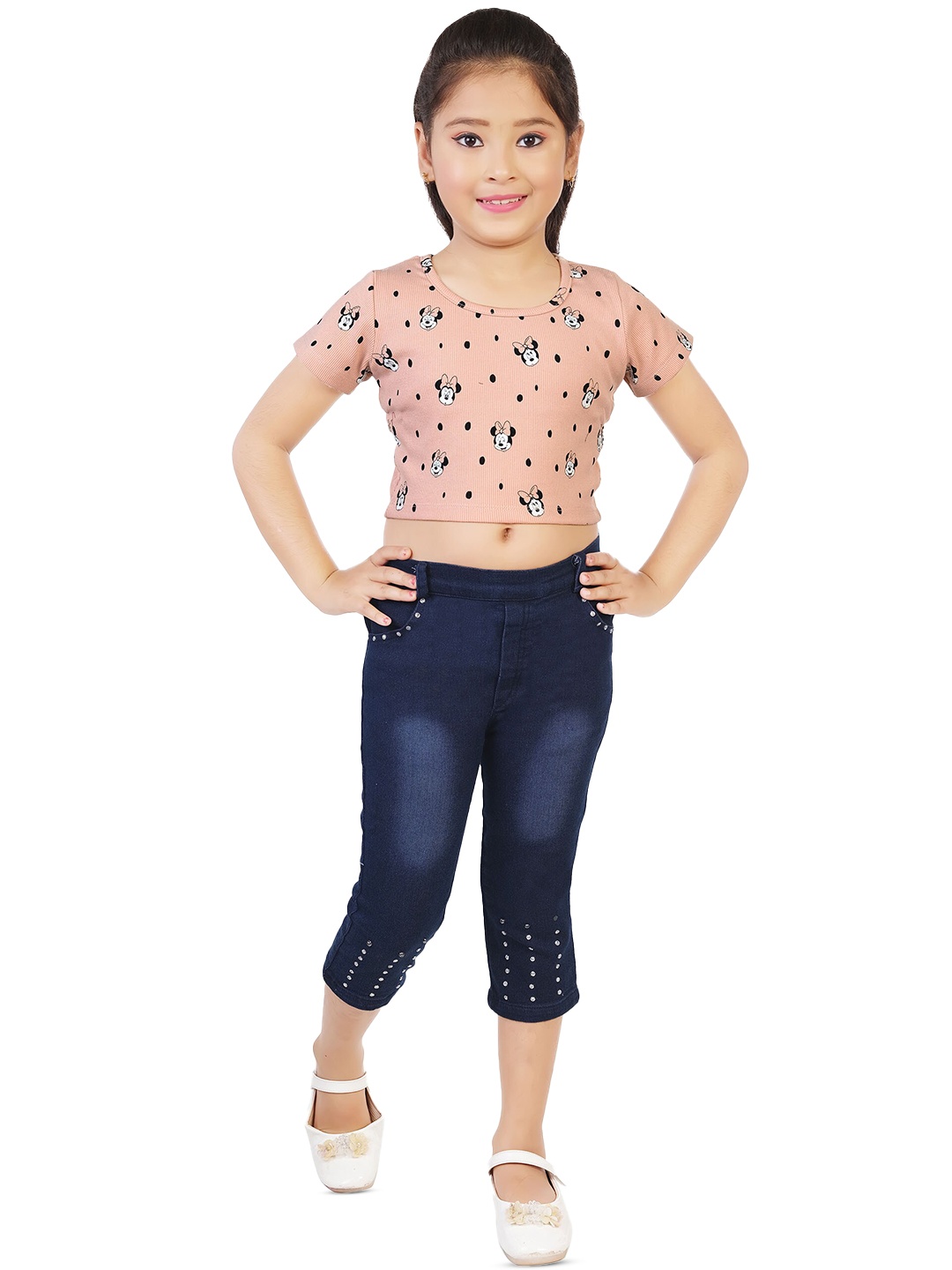 

CELEBRITY CLUB Girls Printed Crop Top with Capris, Peach