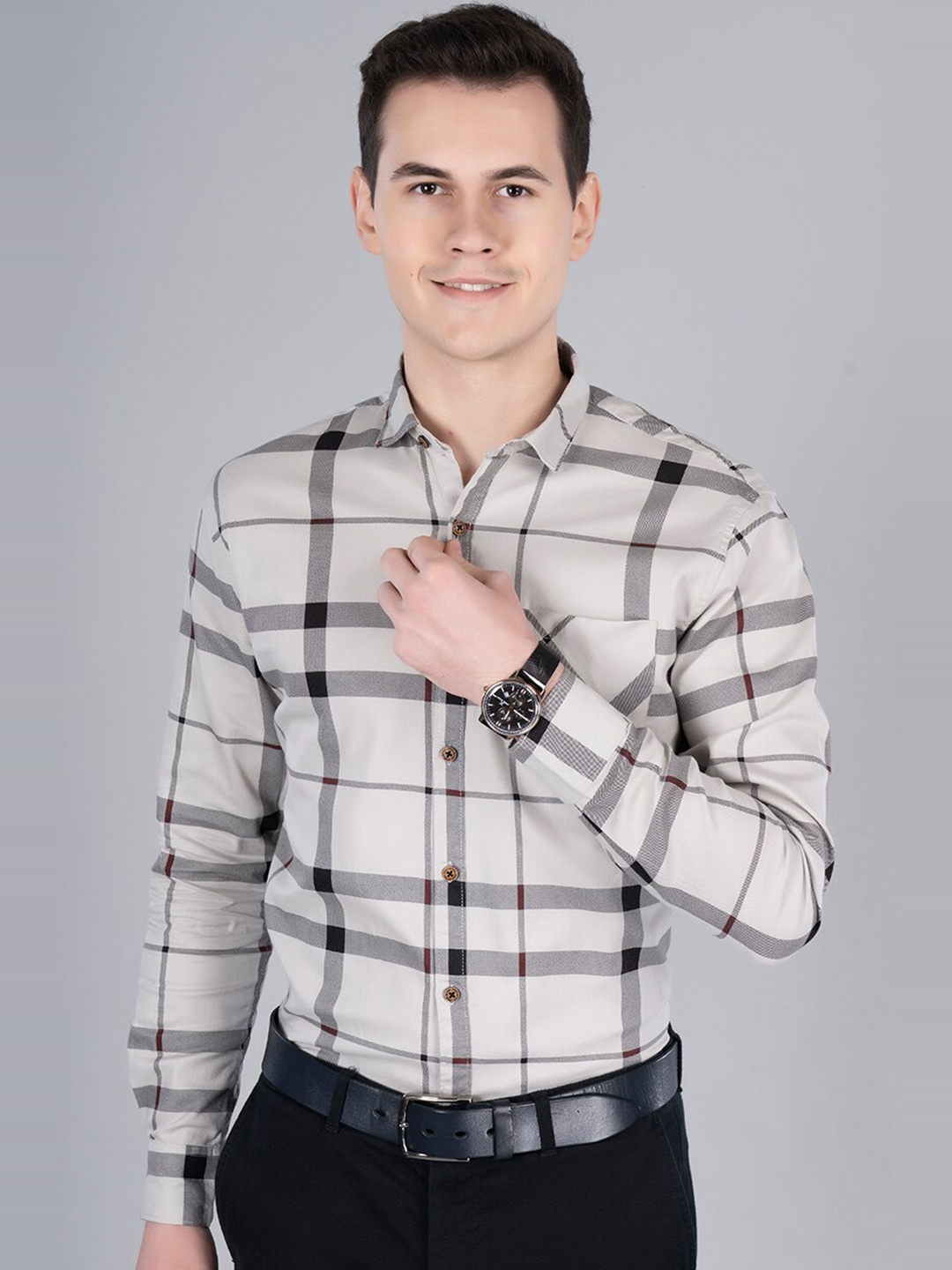 

PRONK Comfort Windowpane Checks Cotton Casual Shirt, Grey