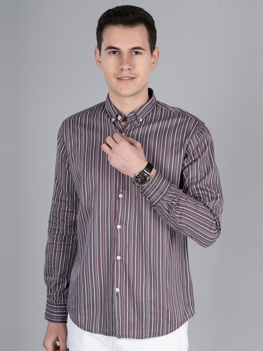 

PRONK Comfort Striped Cotton Casual Shirt, Grey