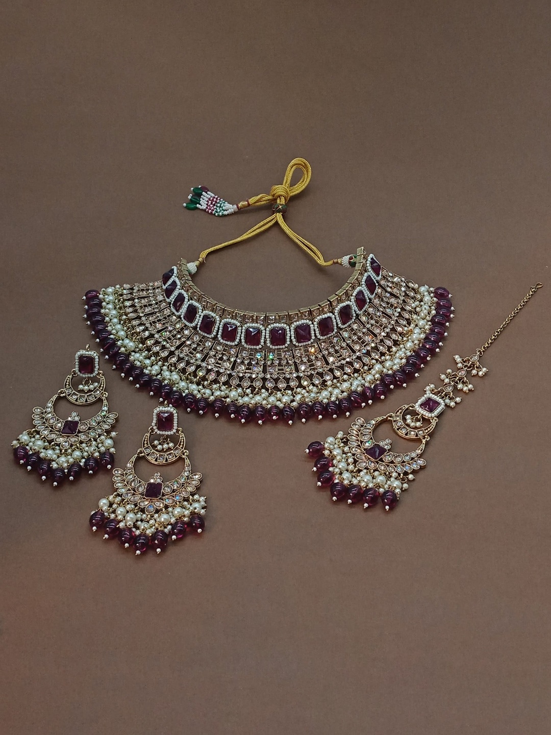 

AASHISH IMITATION Gold-Plated American Diamond-Studded & Beaded Jewellery Set