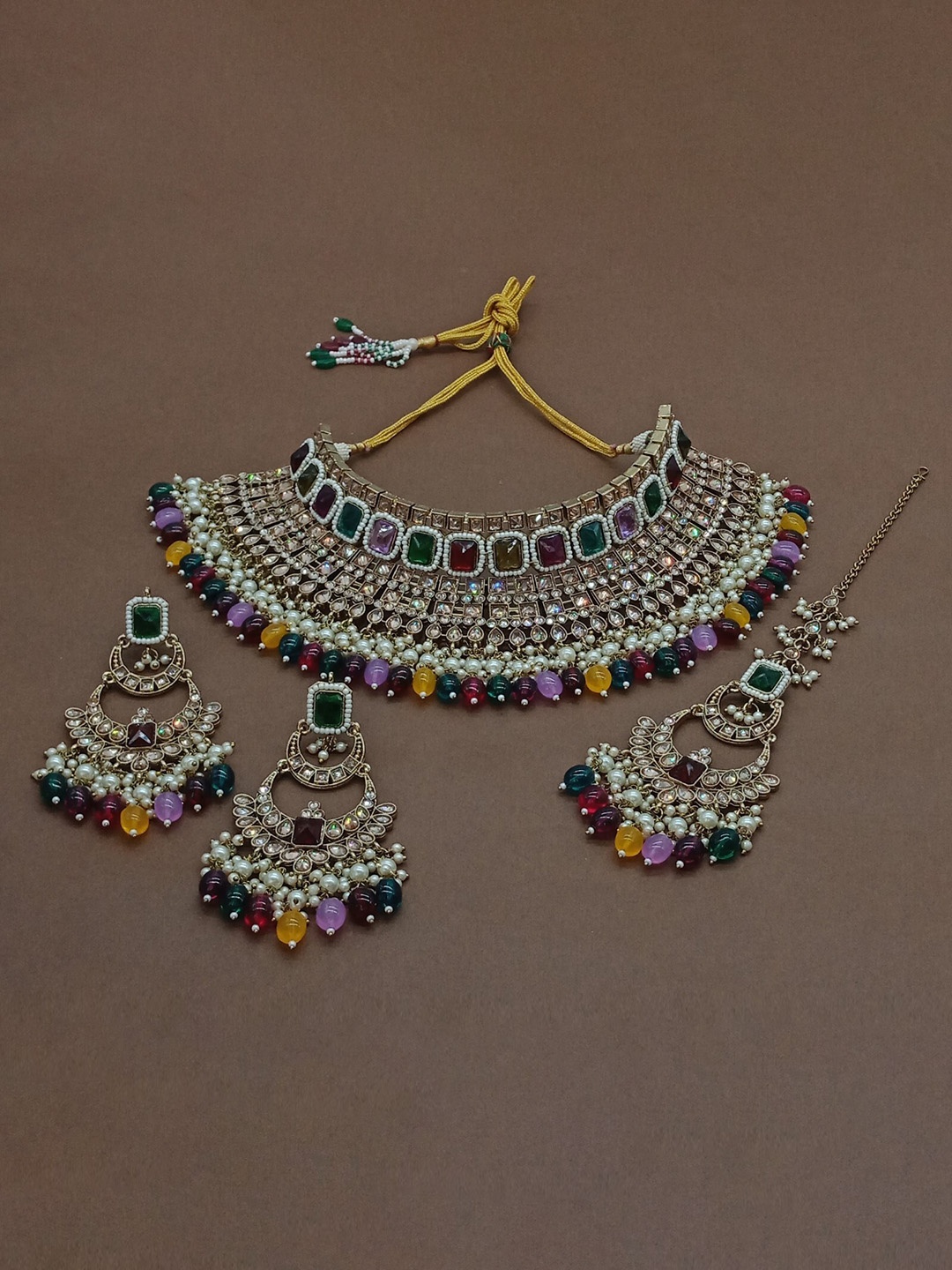 

AASHISH IMITATION Gold-Plated American Diamond-Studded & Beaded Jewellery Set