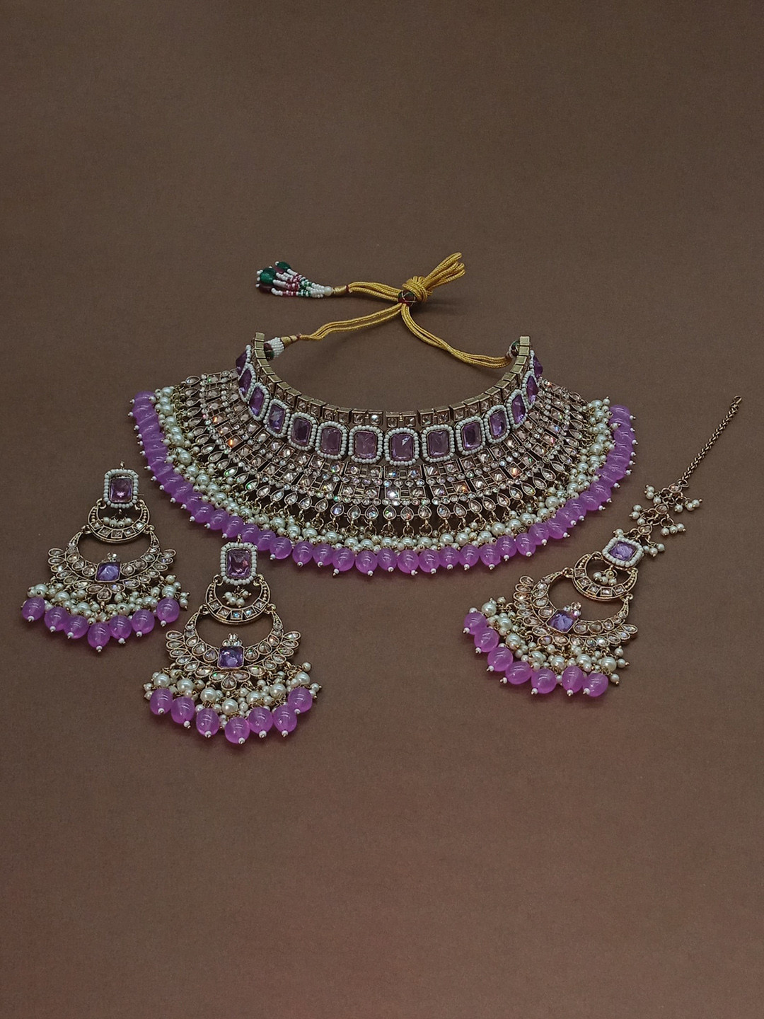 

AASHISH IMITATION Gold-Plated American Diamond-Studded & Beaded Jewellery Set