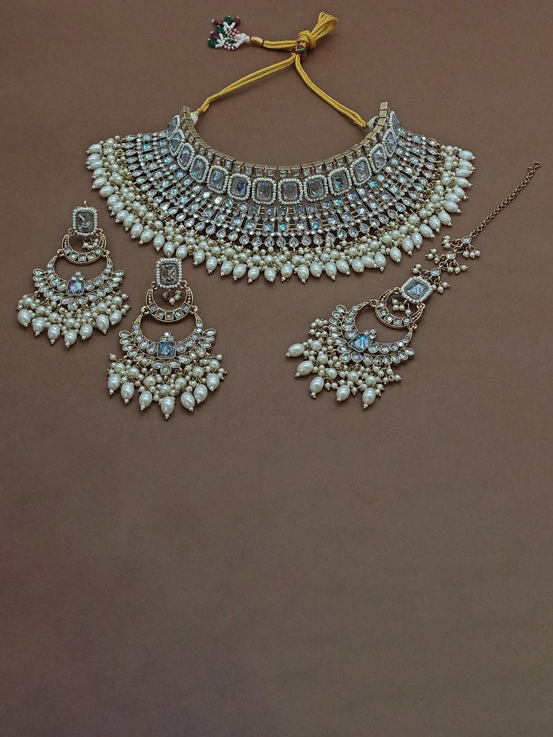 

AASHISH IMITATION Gold-Plated American Diamond-Studded & Beaded Jewellery Set