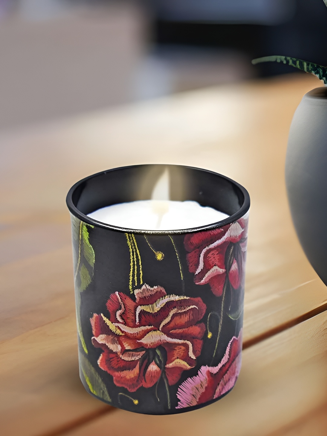 

Kookee Black & Red Floral Printed Soy Wax Scented Jar Glass Candle, Brown