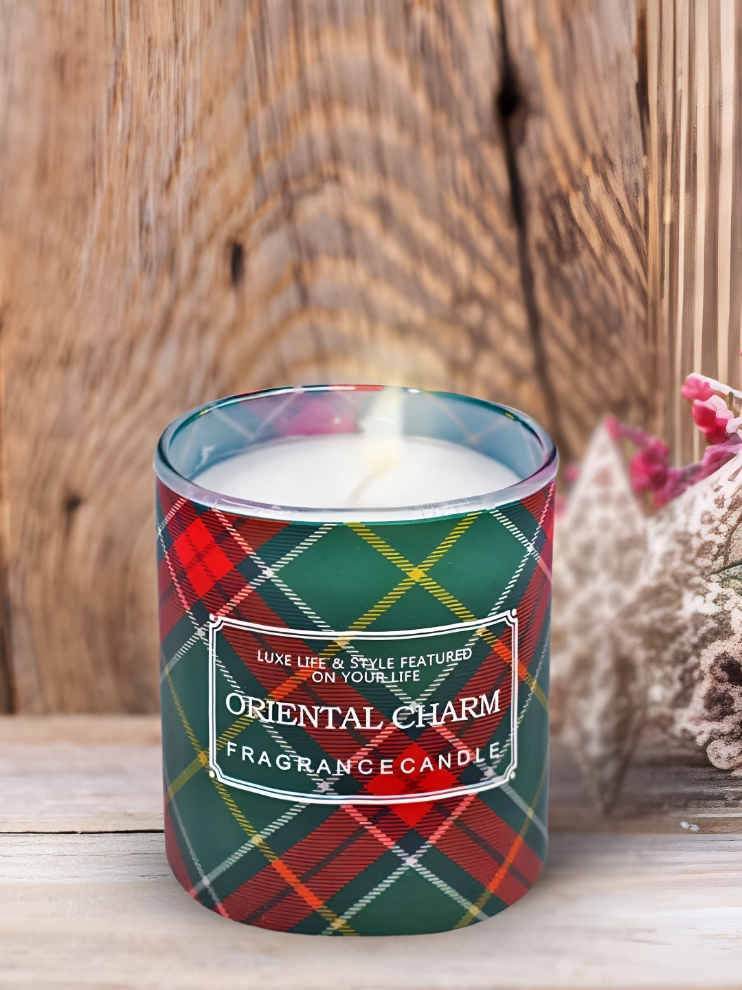 

Kookee Red & Green Checked Printed Lead Free Wick Scented Jar Candle