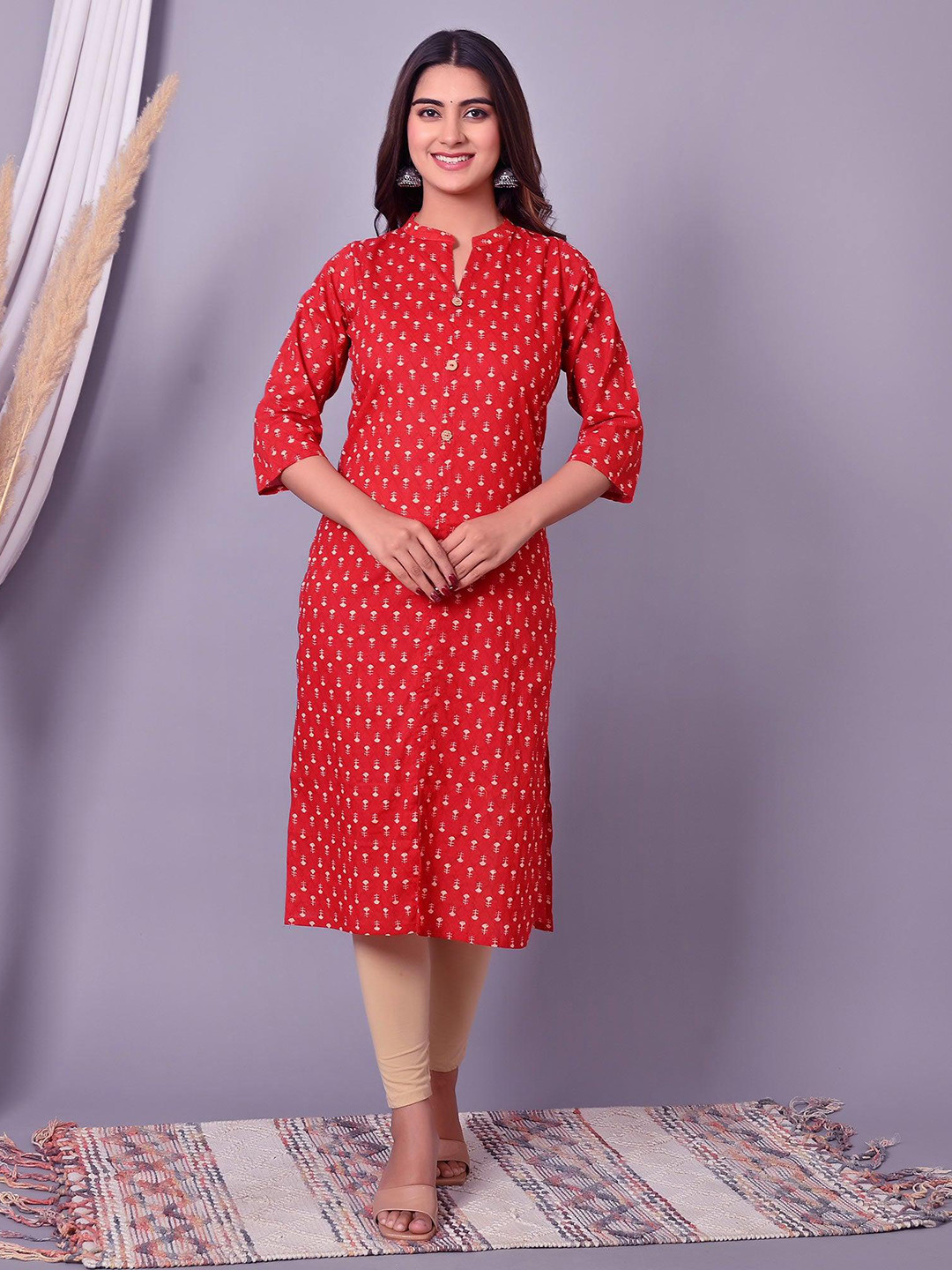 

Peachmode Ethnic Motifs Pure Cotton Printed Kurta, Red