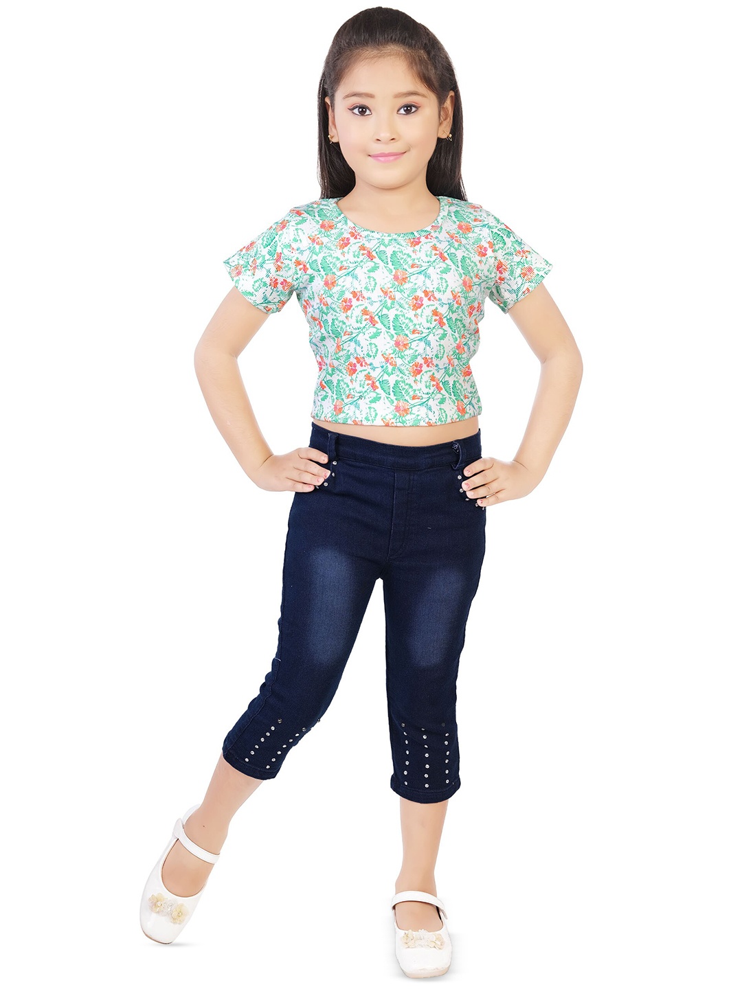 

BAESD Girls Floral Printed Crop Top with Capris, White