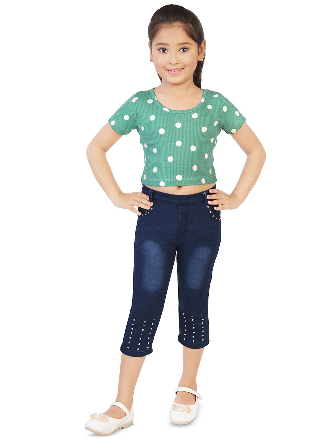 

BAESD Girls Polka Dots Printed Crop Top with Capris, Green