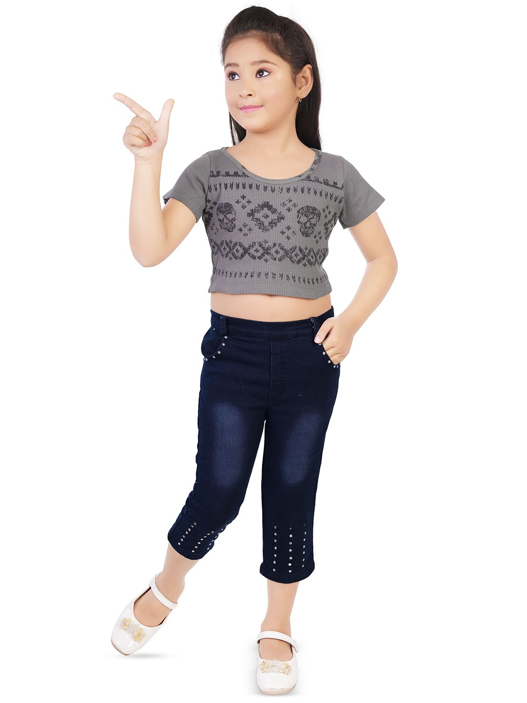 

BAESD Girls Printed Crop Top with Capris, Grey