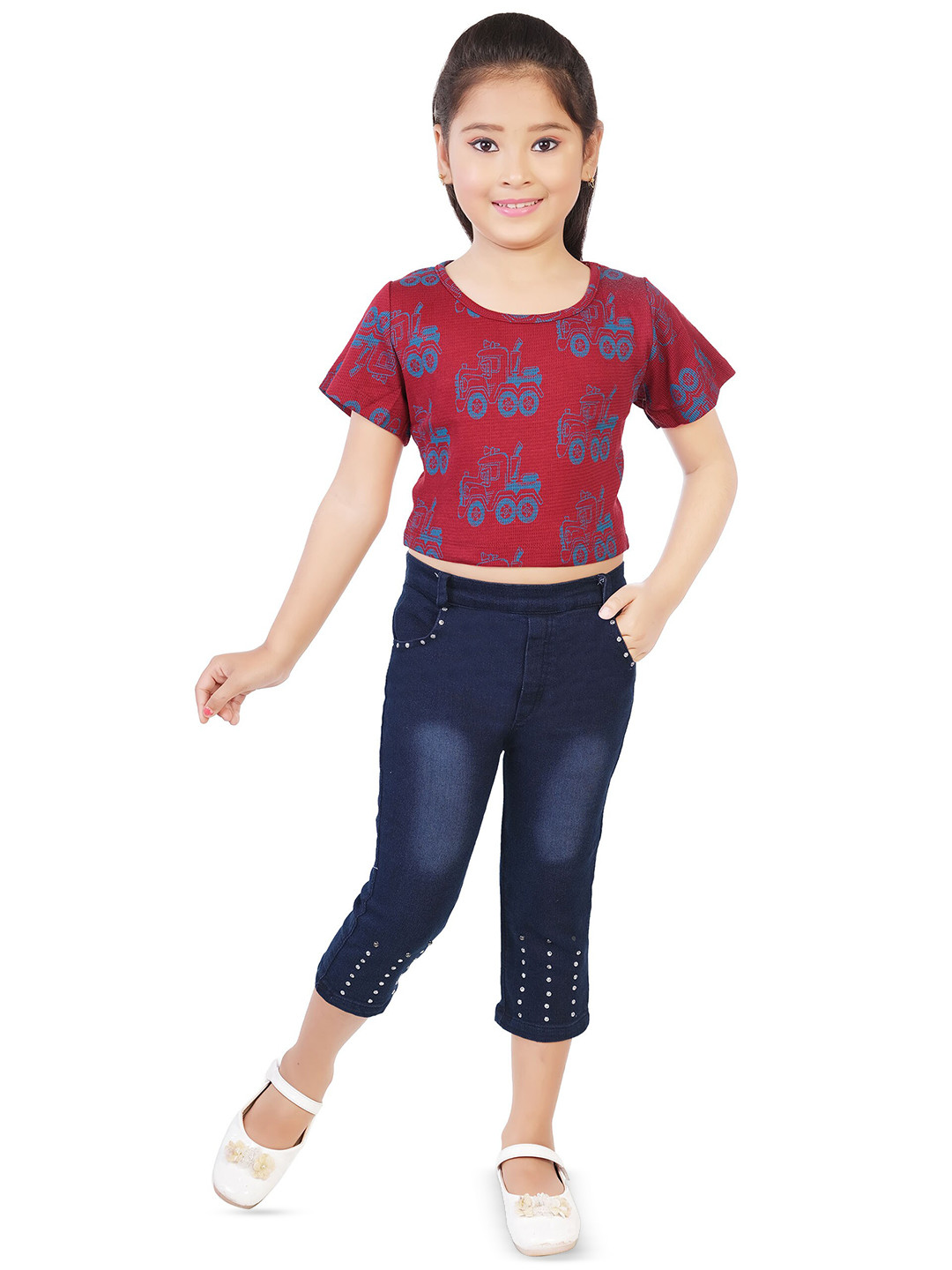 

BAESD Girls Conversational Printed Crop Top with Capris, Red