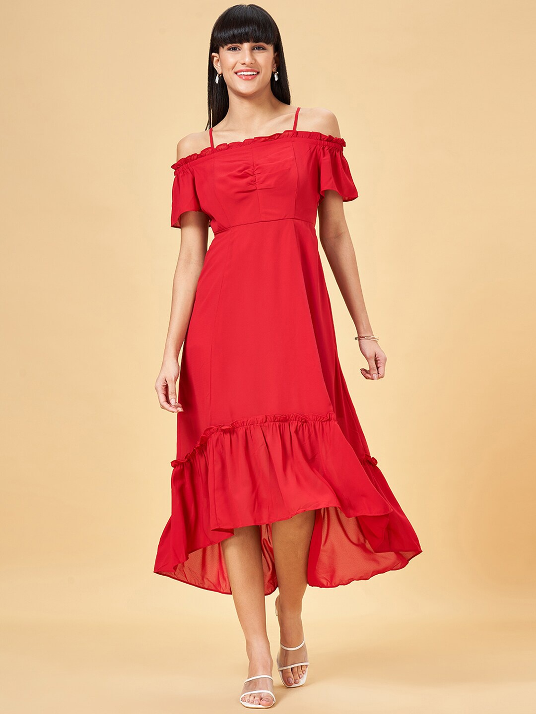 

Honey by Pantaloons Off Shoulder Flared Sleeve Fit & Flare Midi Dress, Red