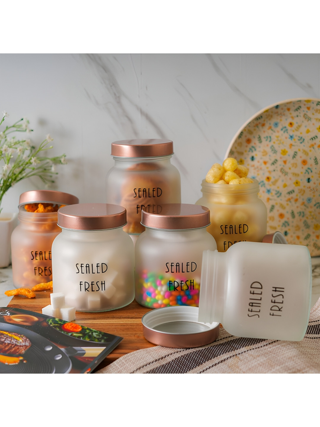 

Femora Transparent & Copper-Toned 6 Pieces Glass Dishwasher Safe Canister 700 ml Each