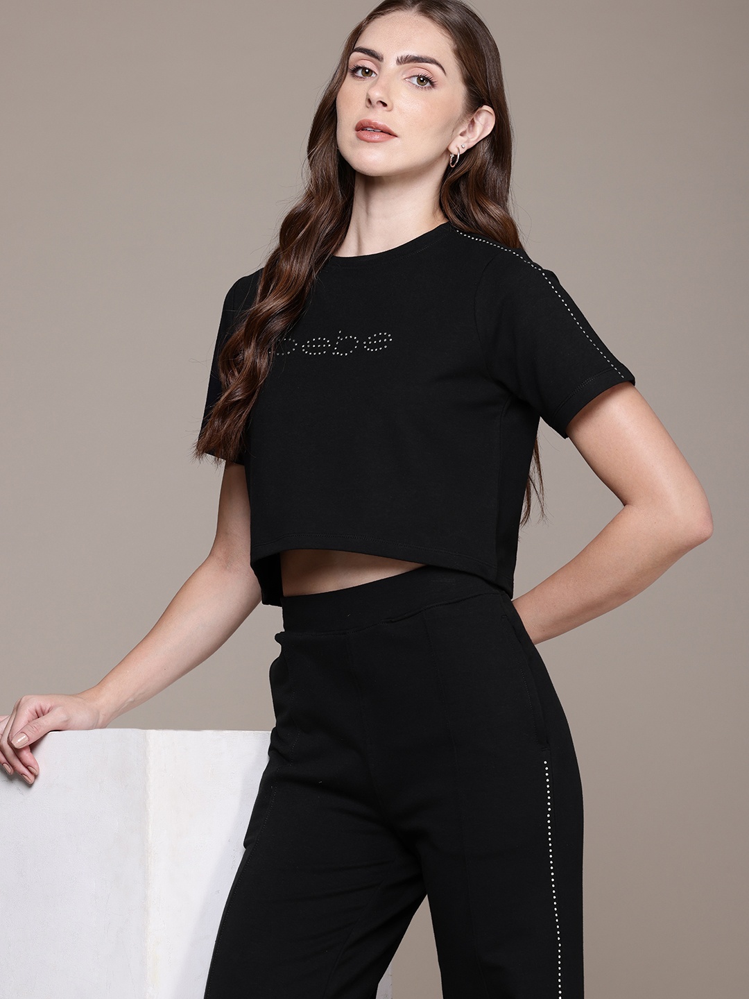 

bebe Women Brand Logo Embellished Crop T-shirt & Trousers Co-ords, Black