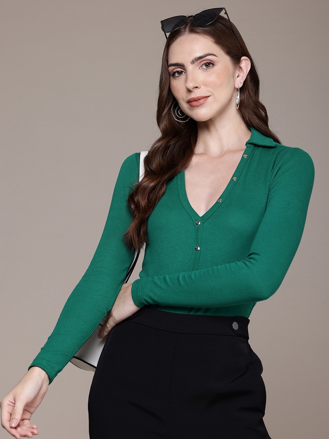 

bebe Polo Collar Bodysuit, Green
