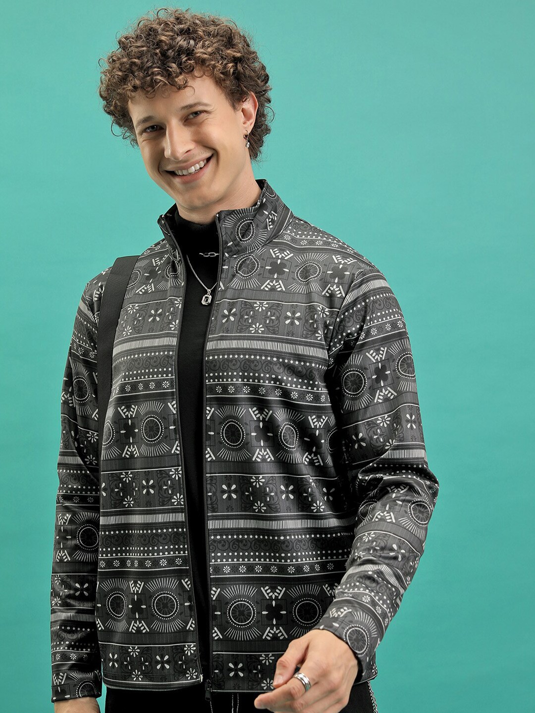 

HIGHLANDER Graphic Printed High Neck Full Zip Front-Open Sweatshirt, Grey