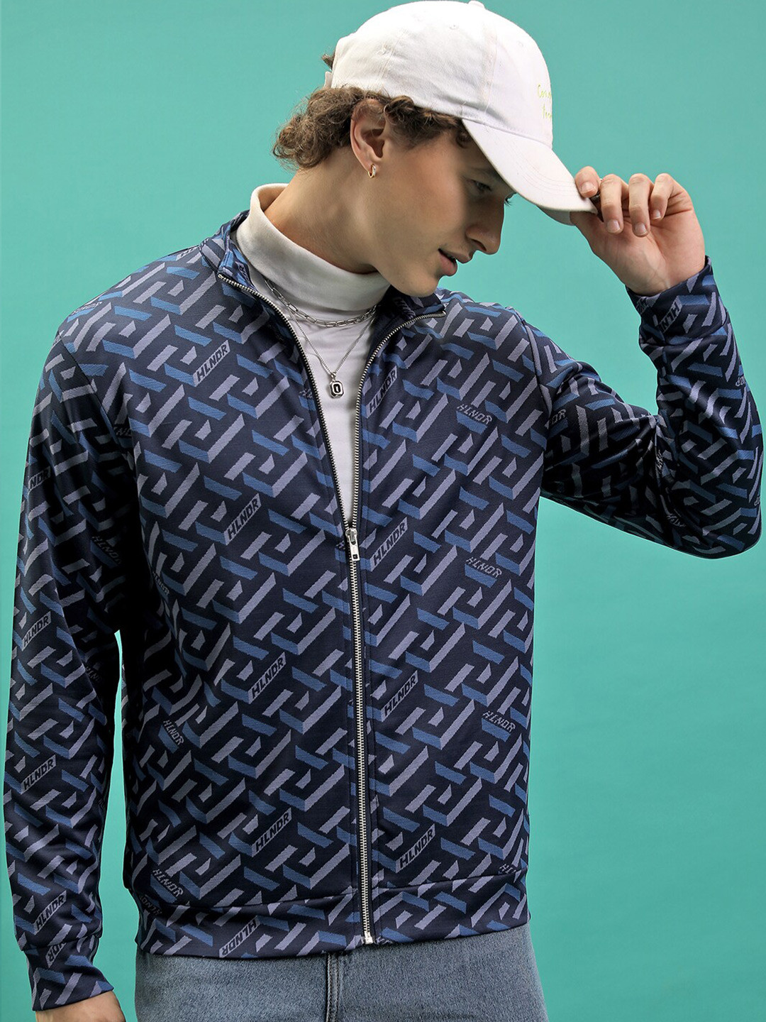 

HIGHLANDER Geometric Printed High Neck Full Zip Front-Open Sweatshirt, Navy blue