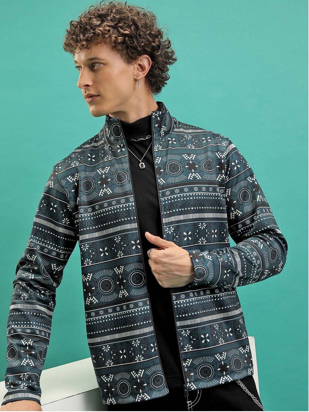 

HIGHLANDER Graphic Printed High Neck Full Zip Front-Open Sweatshirt, Teal