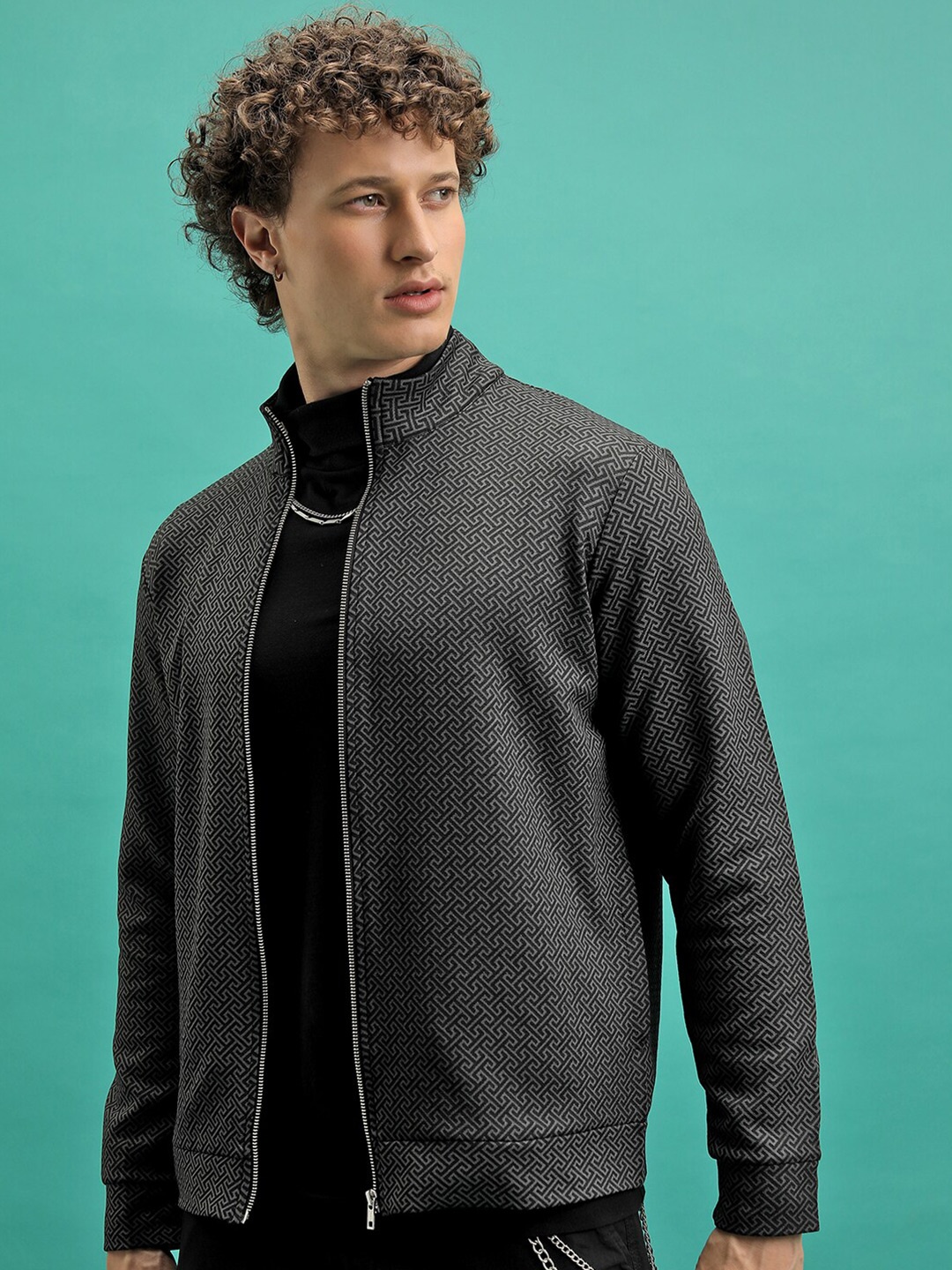 

HIGHLANDER Geometric Printed High Neck Full Zip Front-Open Sweatshirt, Grey