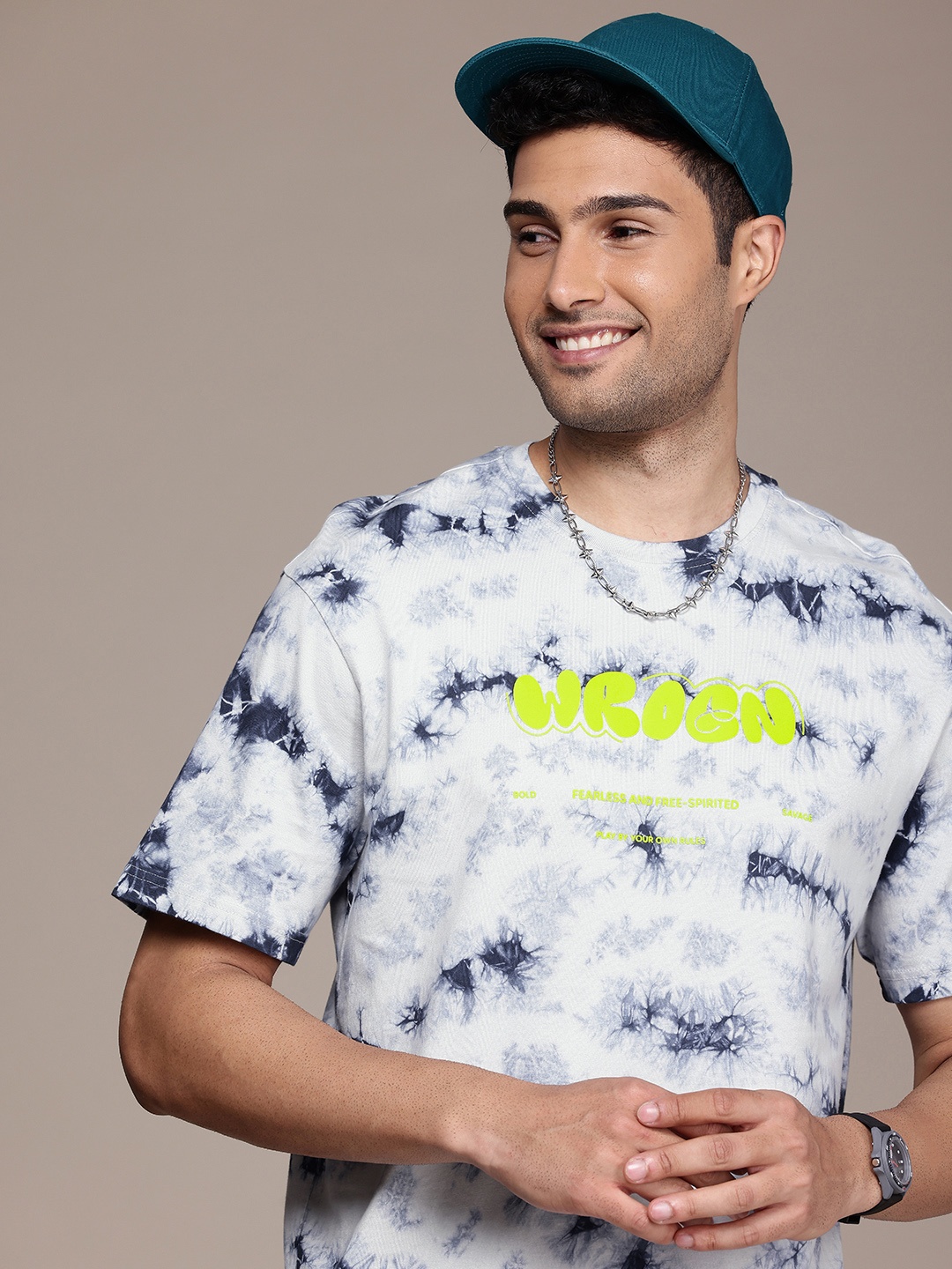 

WROGN Tie and Dye Drop-Shoulder Sleeves Pure Cotton Oversized T-shirt, Grey