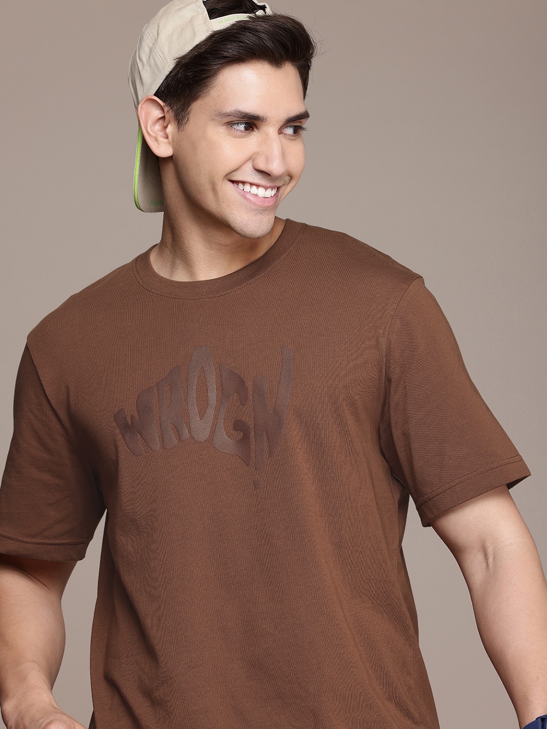 

WROGN Brand Logo Printed Pure Cotton T-shirt, Brown