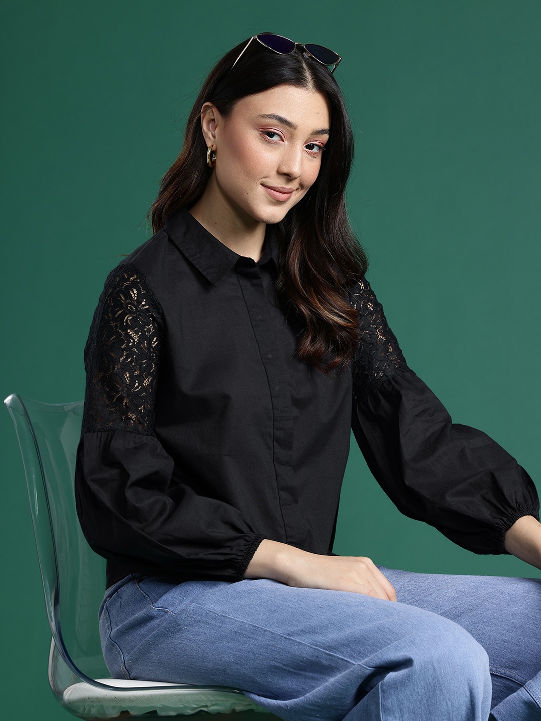 

DressBerry Pure Cotton Lace Inserts Casual Shirt, Black