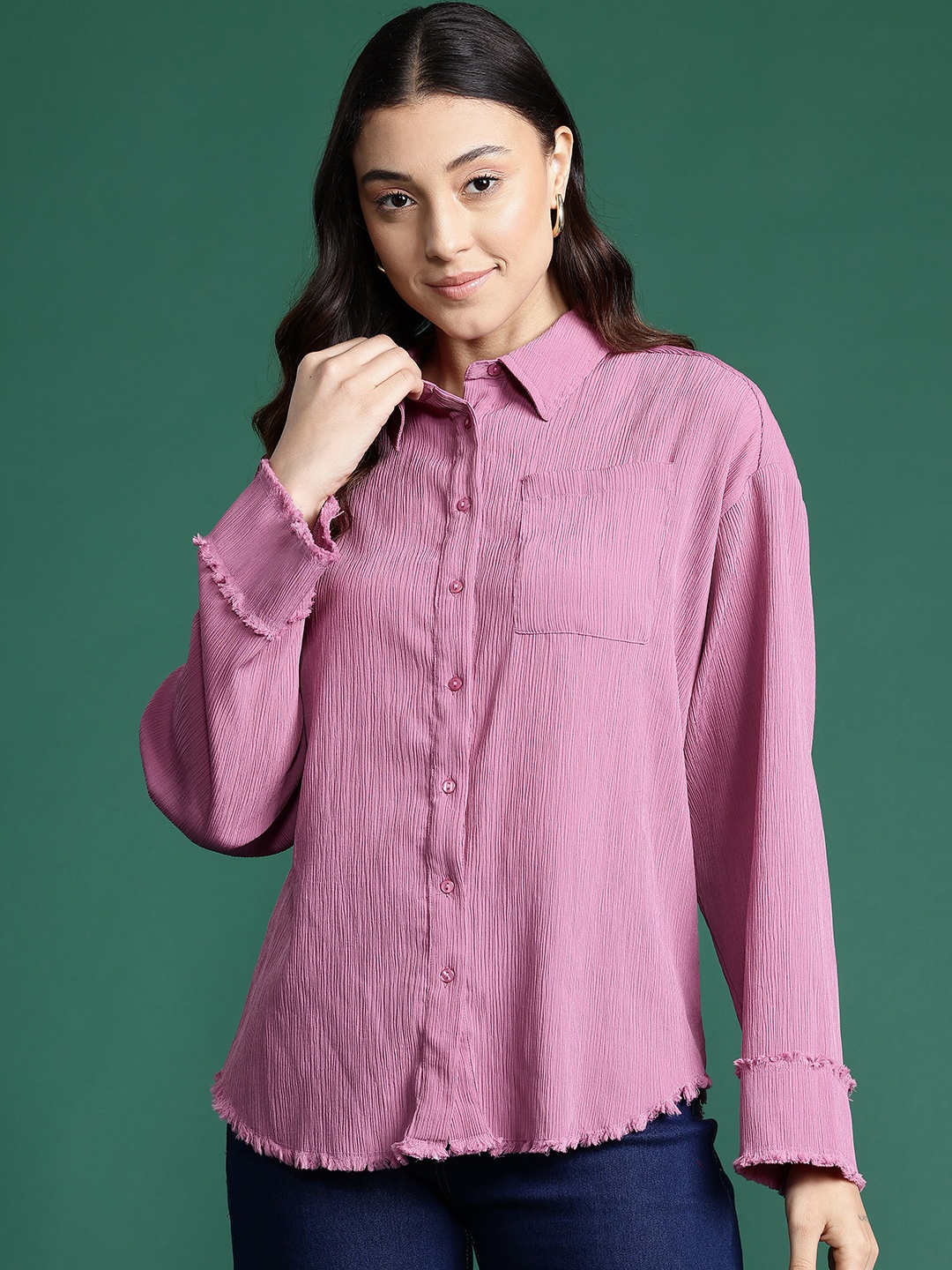 

DressBerry Frayed Hem Crinkled Shirt, Mauve