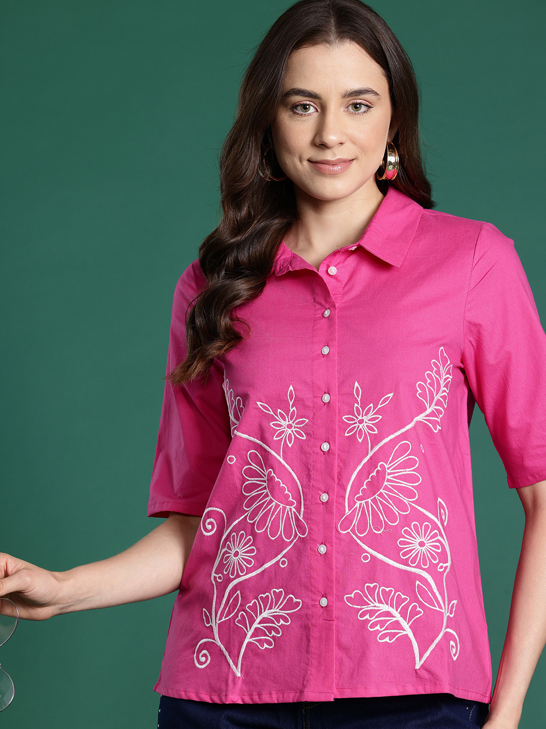 

DressBerry Floral Embroidered Pure Cotton Casual Shirt, Pink