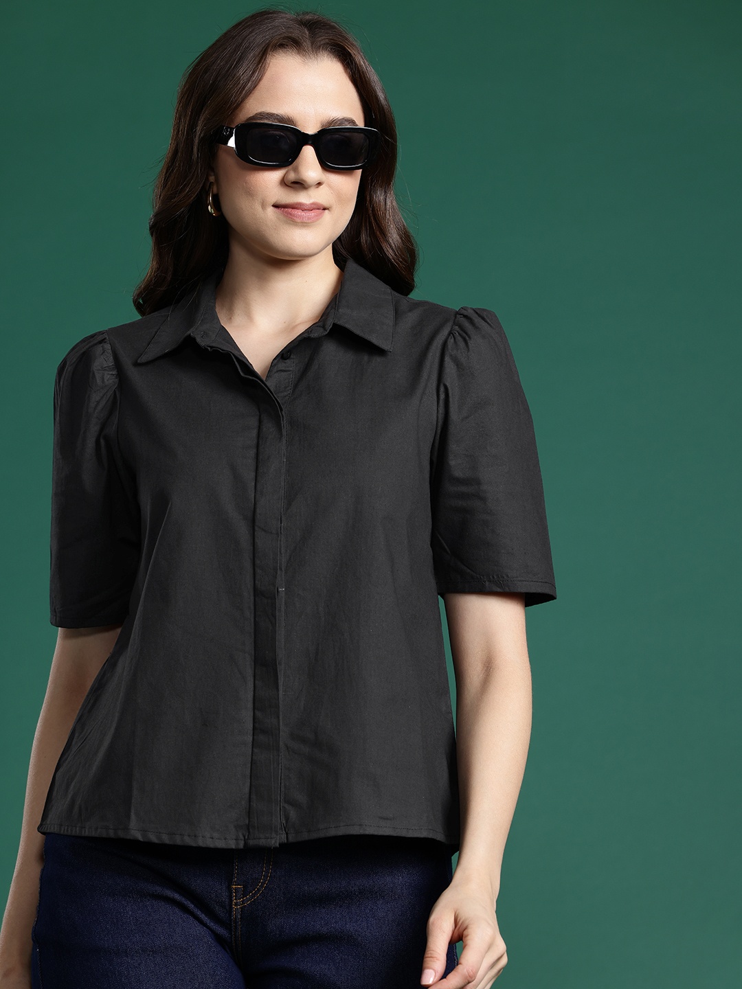 

DressBerry Basics Pure Cotton Opaque Casual Shirt, Black