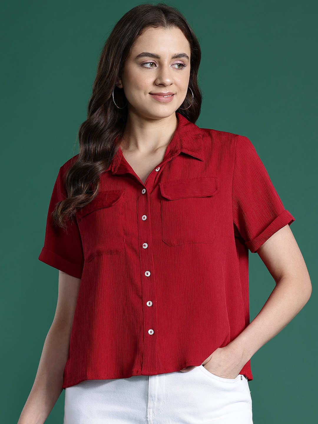 

DressBerry Crinkled Casual Shirt, Red