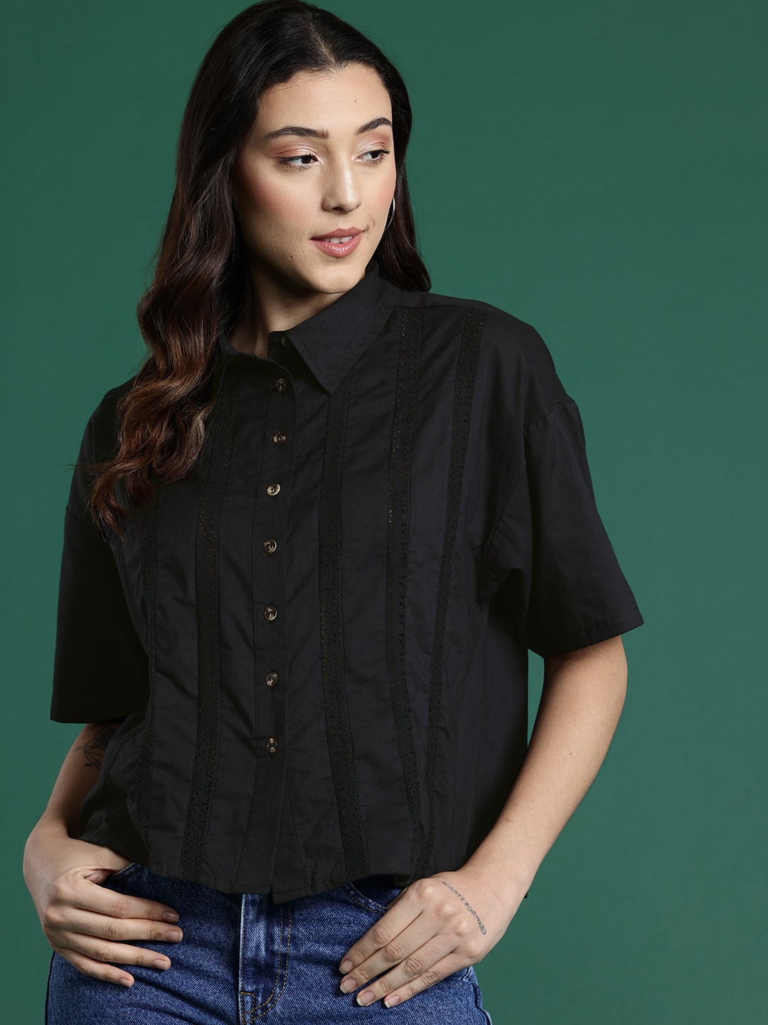 

DressBerry Pure Cotton Lace Inserts Casual Shirt, Black