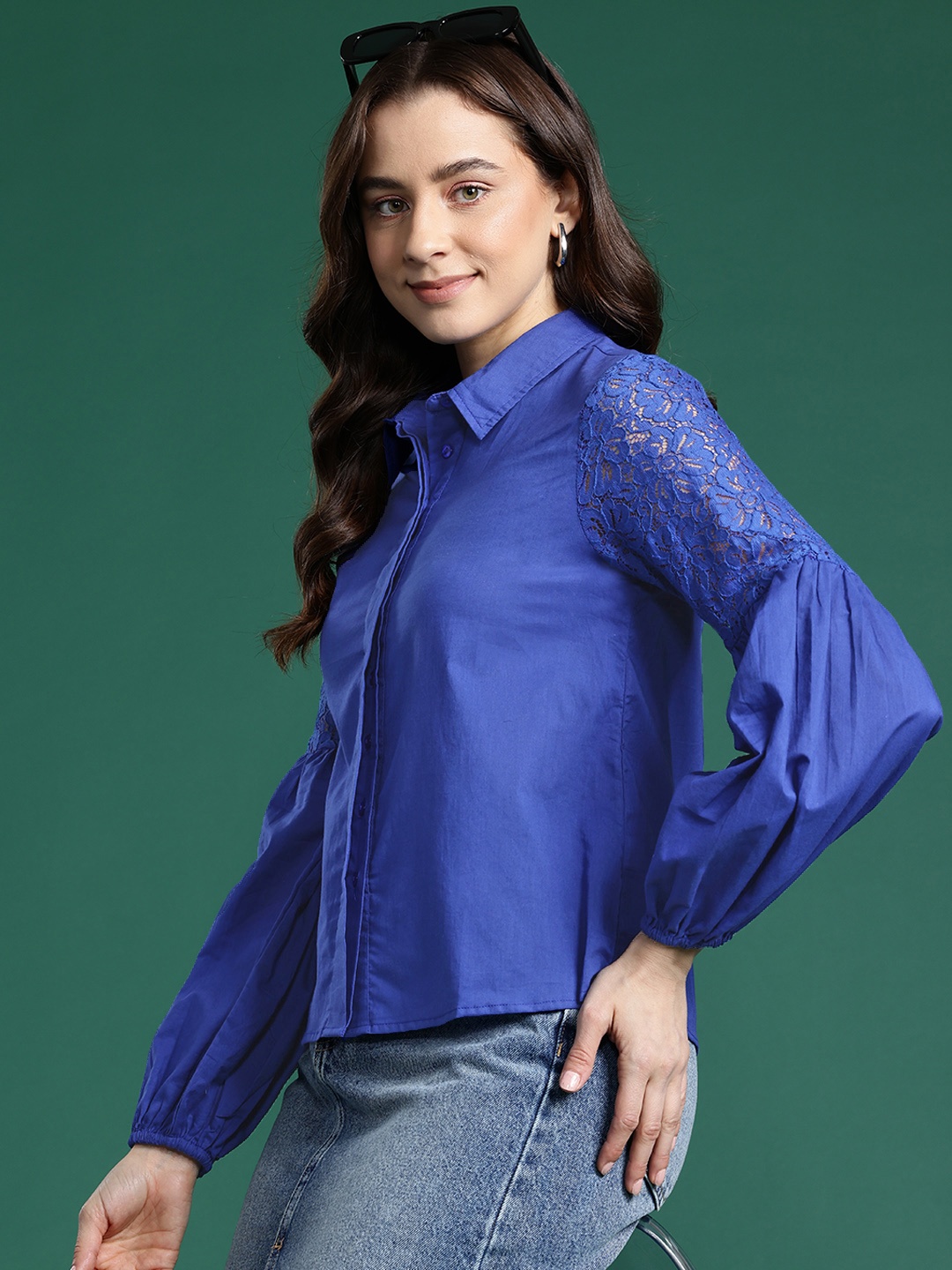 

DressBerry Pure Cotton Lace Inserts Casual Shirt, Blue