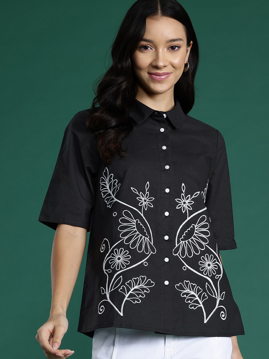 

DressBerry Pure Cotton Embroidered Casual Shirt, Black