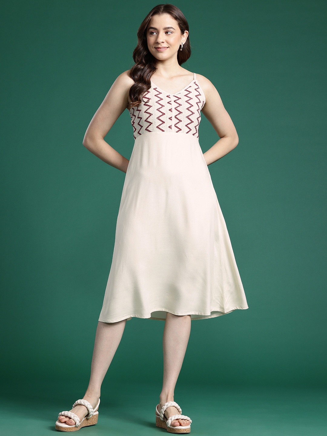 

DressBerry Self Design A-Line Midi Dress, Off white