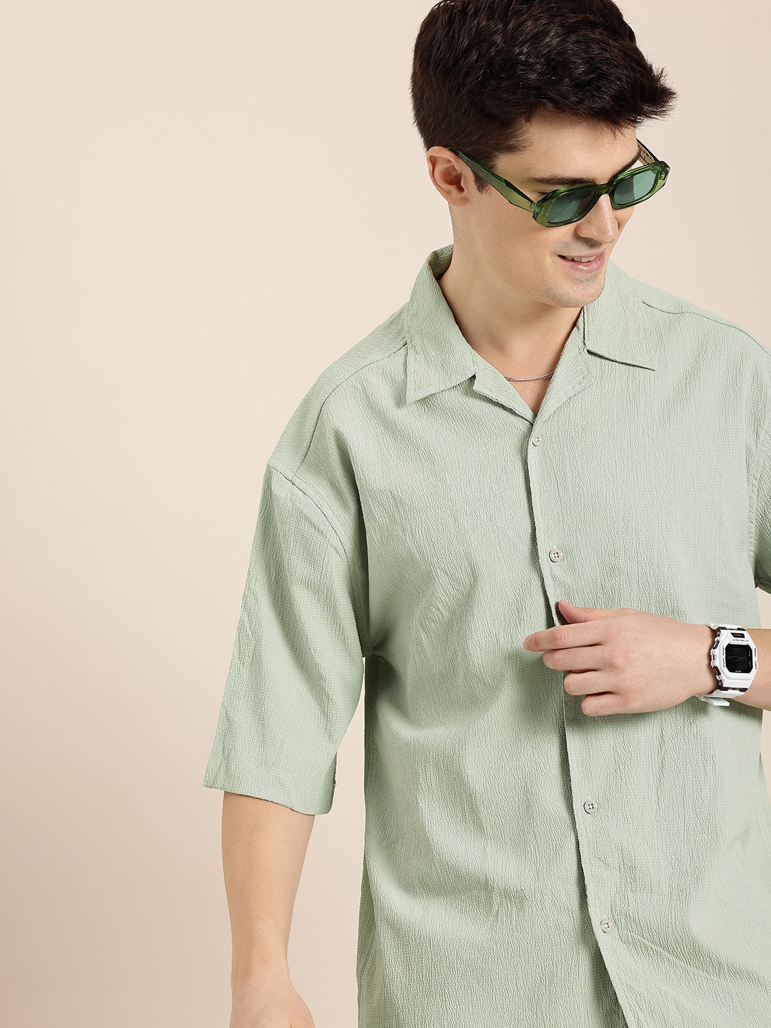 

HERE&NOW Relaxed Fit Seersucker Casual Shirt, Green