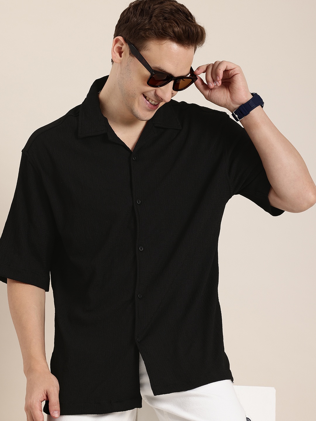 

HERE&NOW Relaxed Fit Seersucker Opaque Casual Shirt, Black