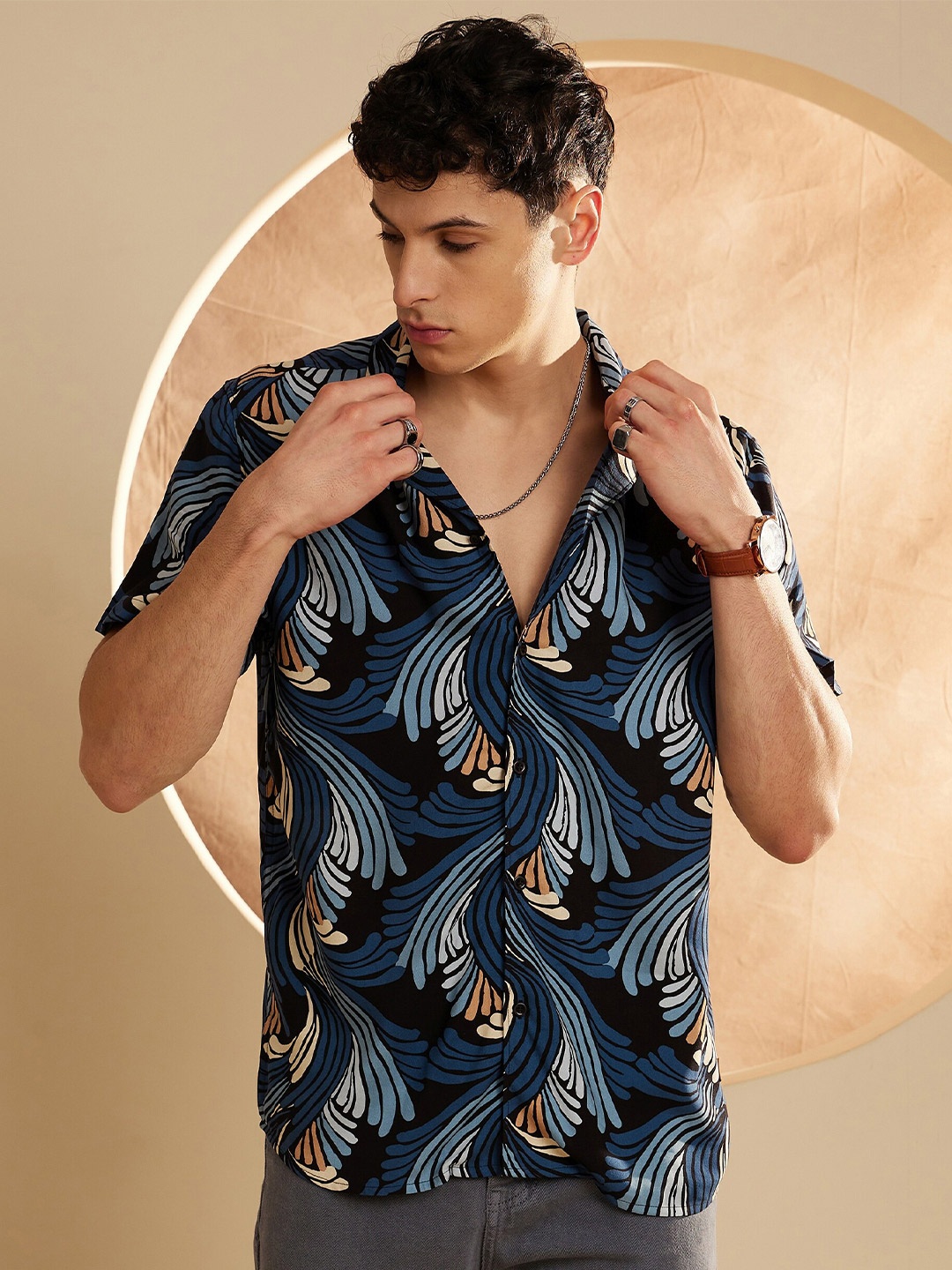 

DENNISON Smart Floral Printed Cuban Collar Oversized Casual Shirt, Black