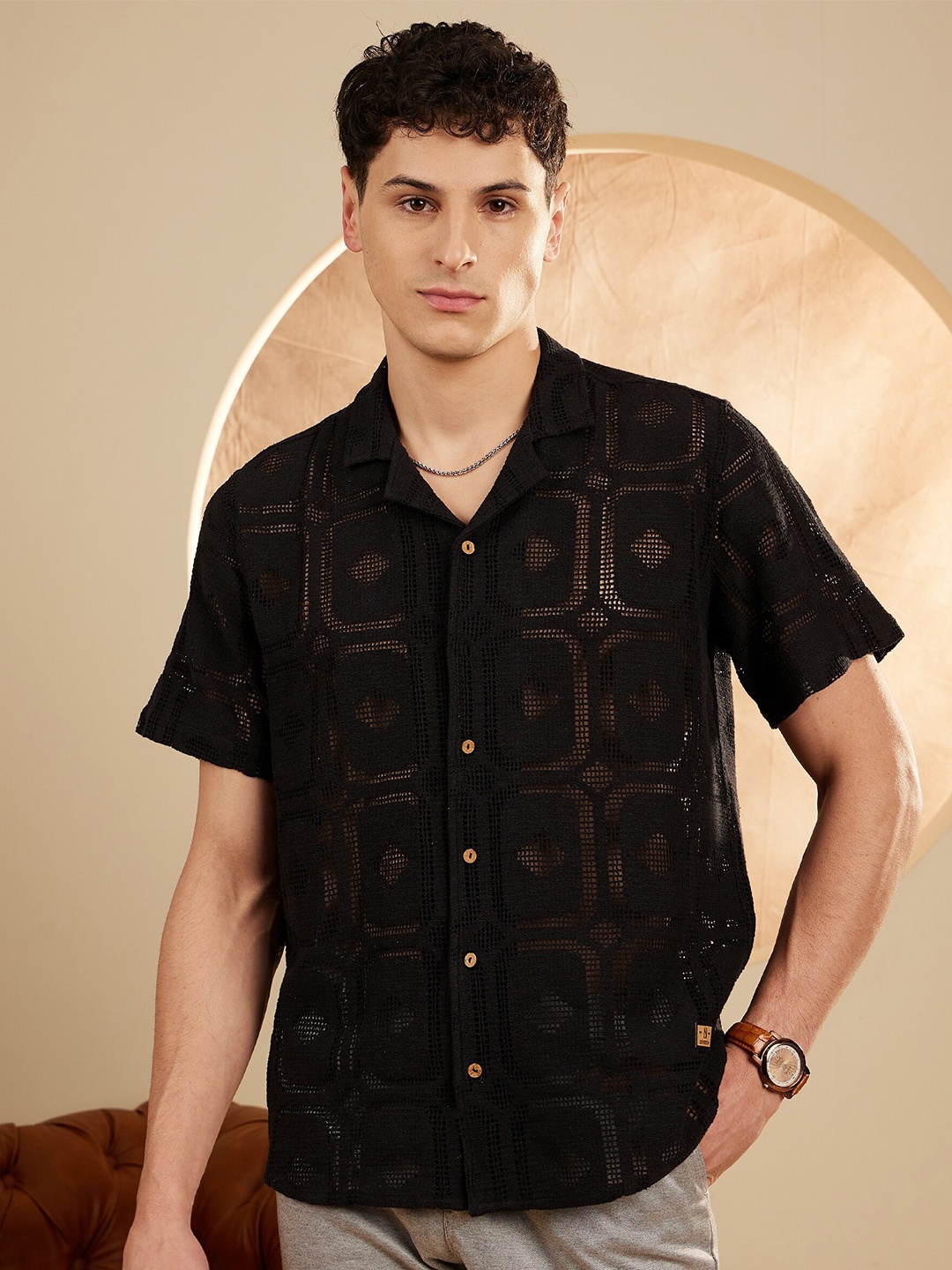 

DENNISON Smart Self Designed Cuban Collar Semi Sheer Oversized Cotton Shirt, Black