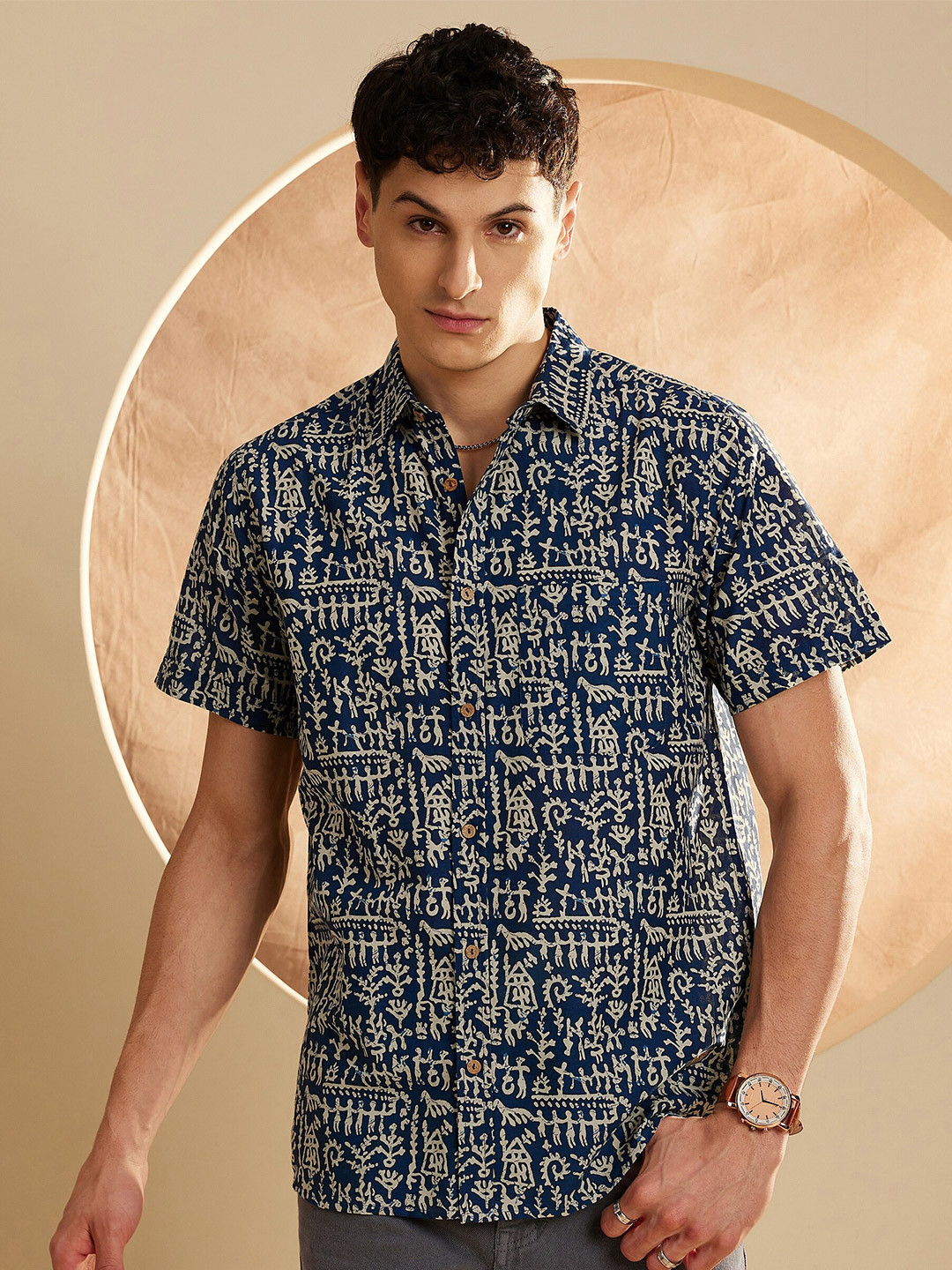 

DENNISON Smart Ethnic Motifs Printed Spread Collar Cotton Lightweight Shirt, Blue