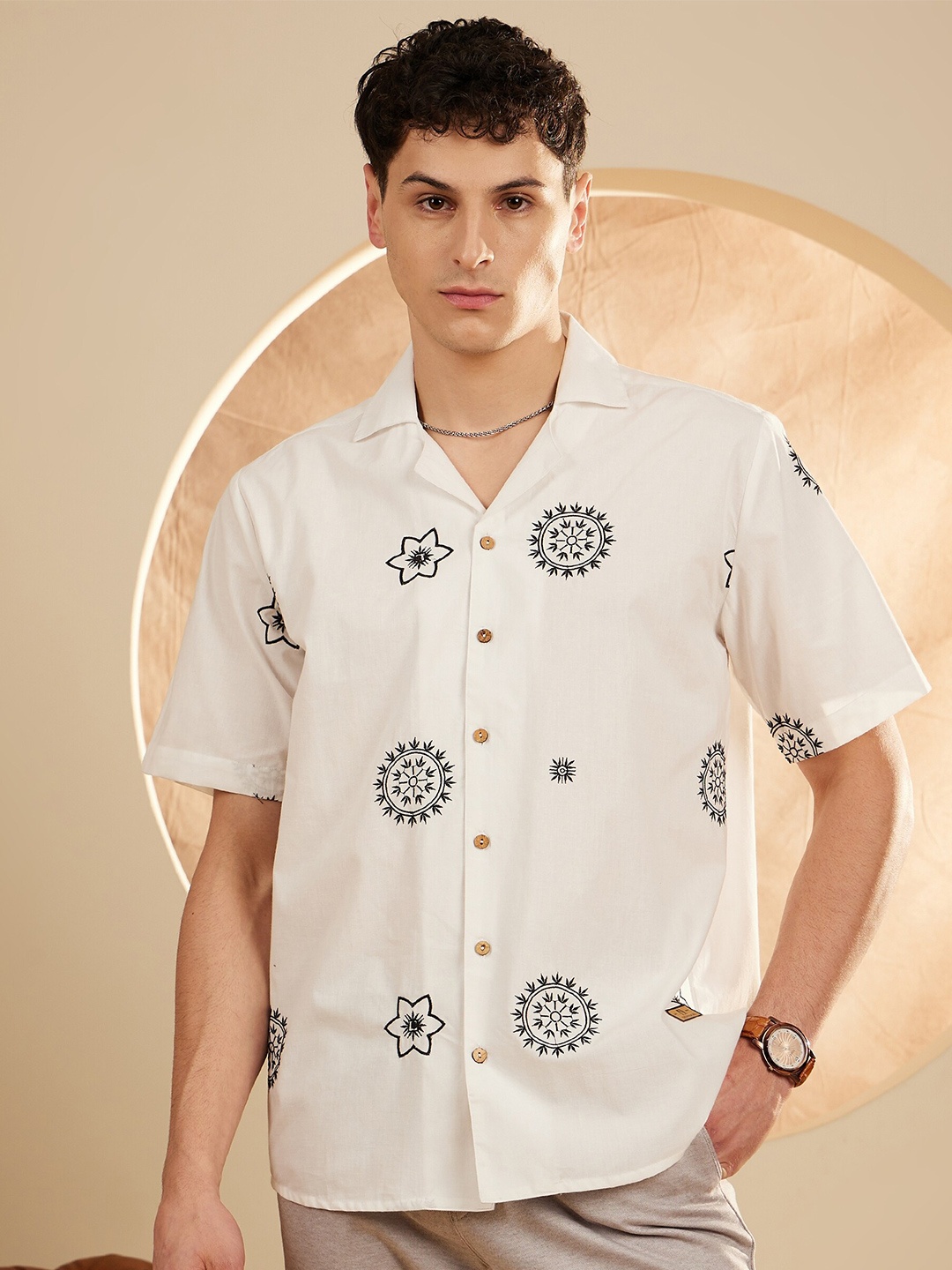 

DENNISON Smart Embroidered Oversized Cotton Lightweight Casual Shirt, White
