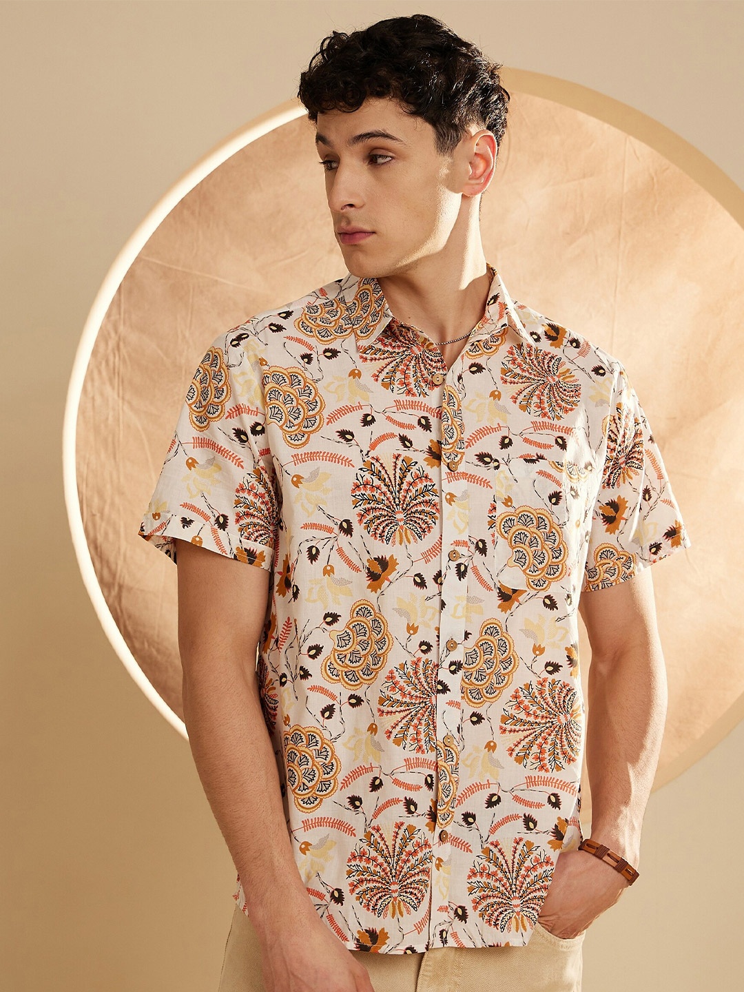 

DENNISON Smart Ethnic Motifs Printed Cotton Lightweight Casual Shirt, Cream